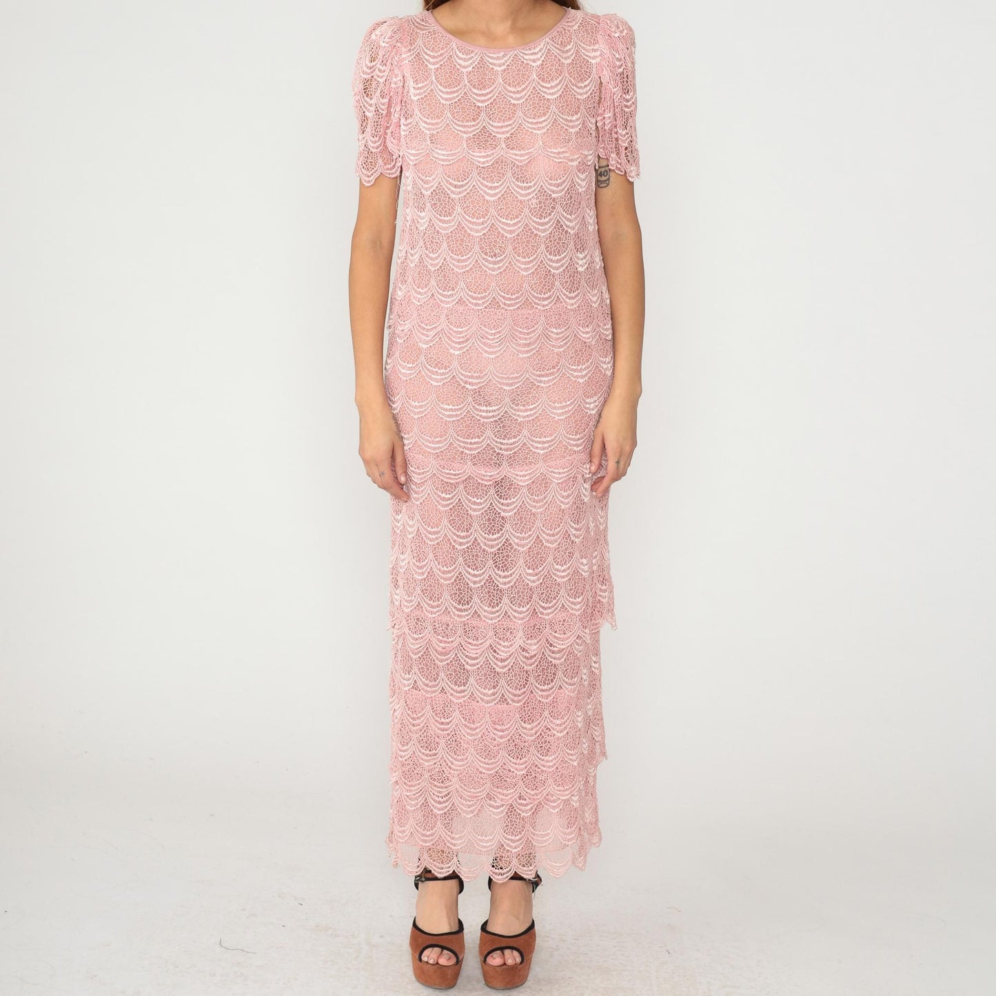 80s Martinique Pink Lace Maxi Dress Scalloped Short Sleeve Small