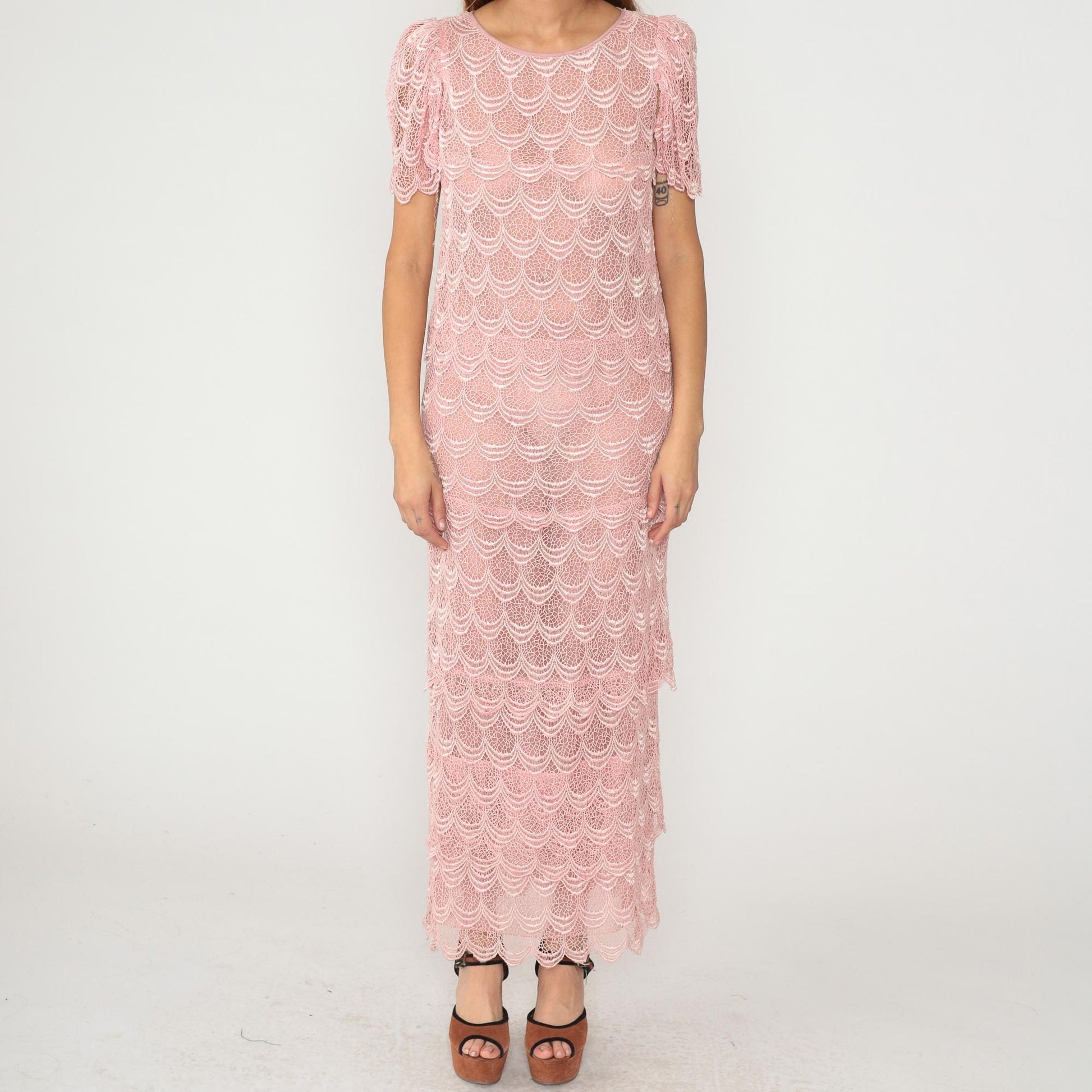 80s Martinique Pink Lace Maxi Dress Scalloped Short Sleeve Small
