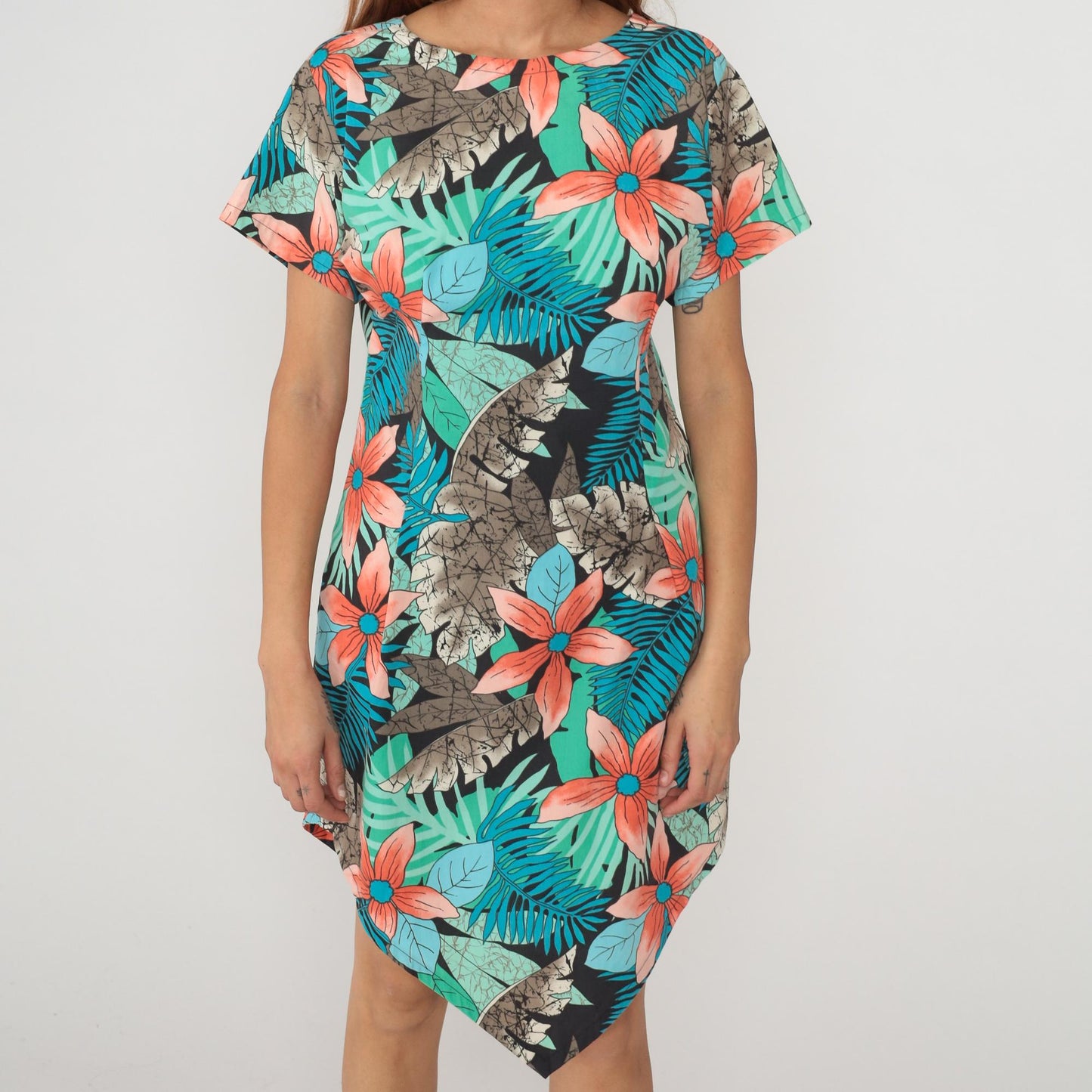 80s Tropical Palm Leaf Floral Asymmetrical Dress Coral Teal Cotton Small