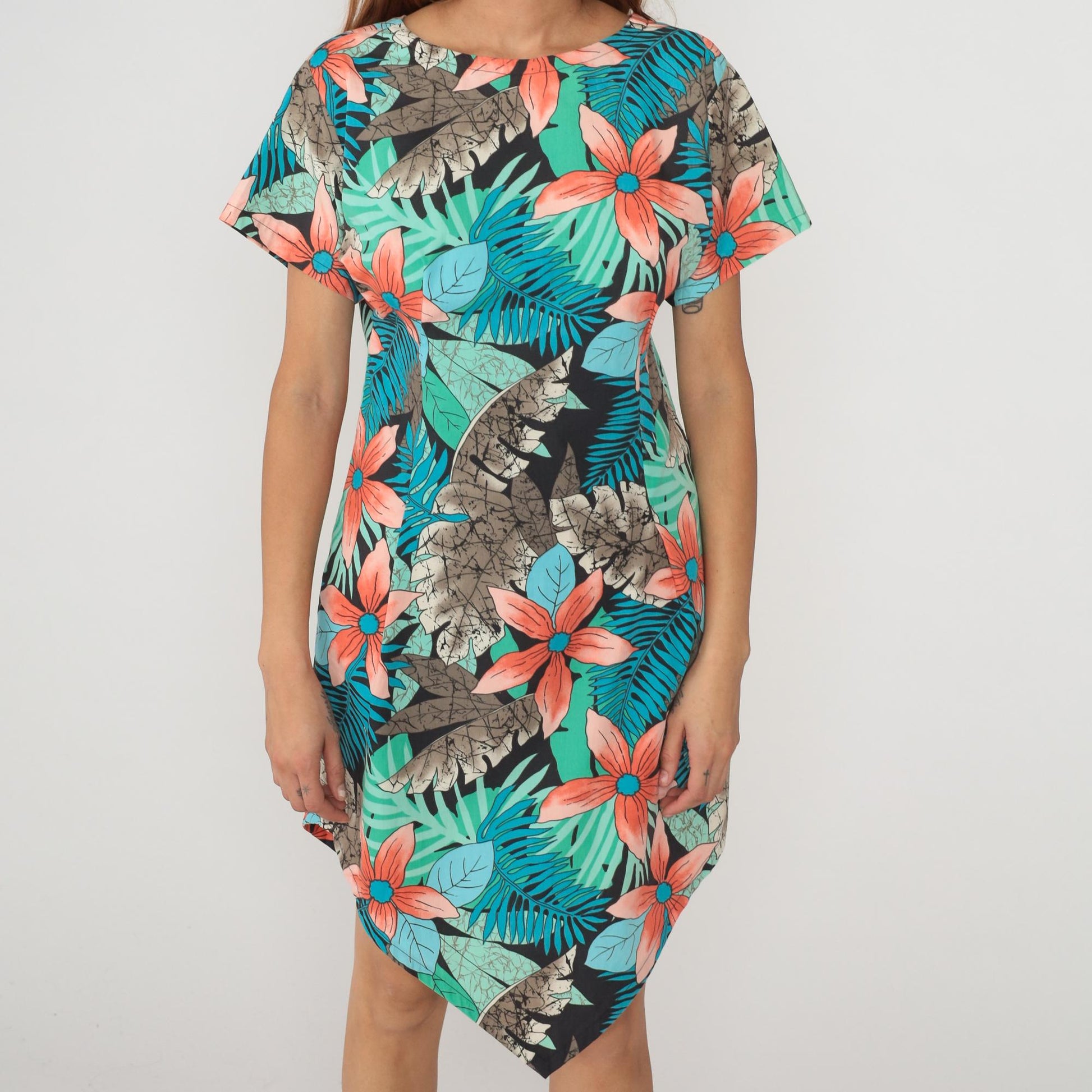 80s Tropical Palm Leaf Floral Asymmetrical Dress Coral Teal Cotton Small