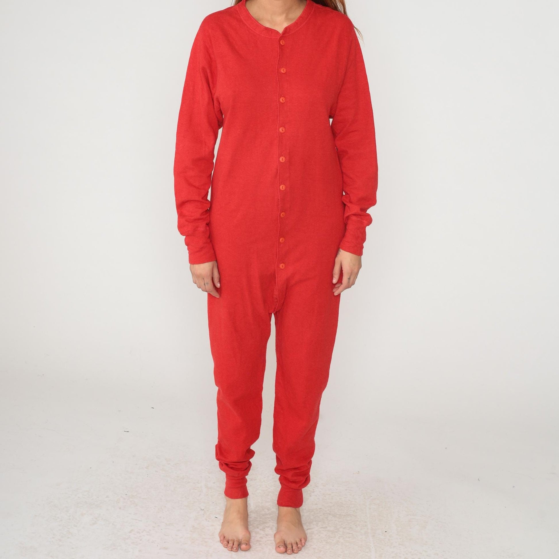 L.L. Bean 80s Red Thermal Union Suit Cotton Wool Ribbed Crew Neck Medium