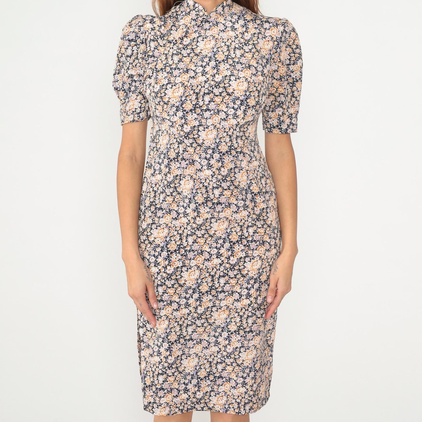 90s Floral Midi Dress Mandarin Collar Puff Sleeve Navy Peach Small