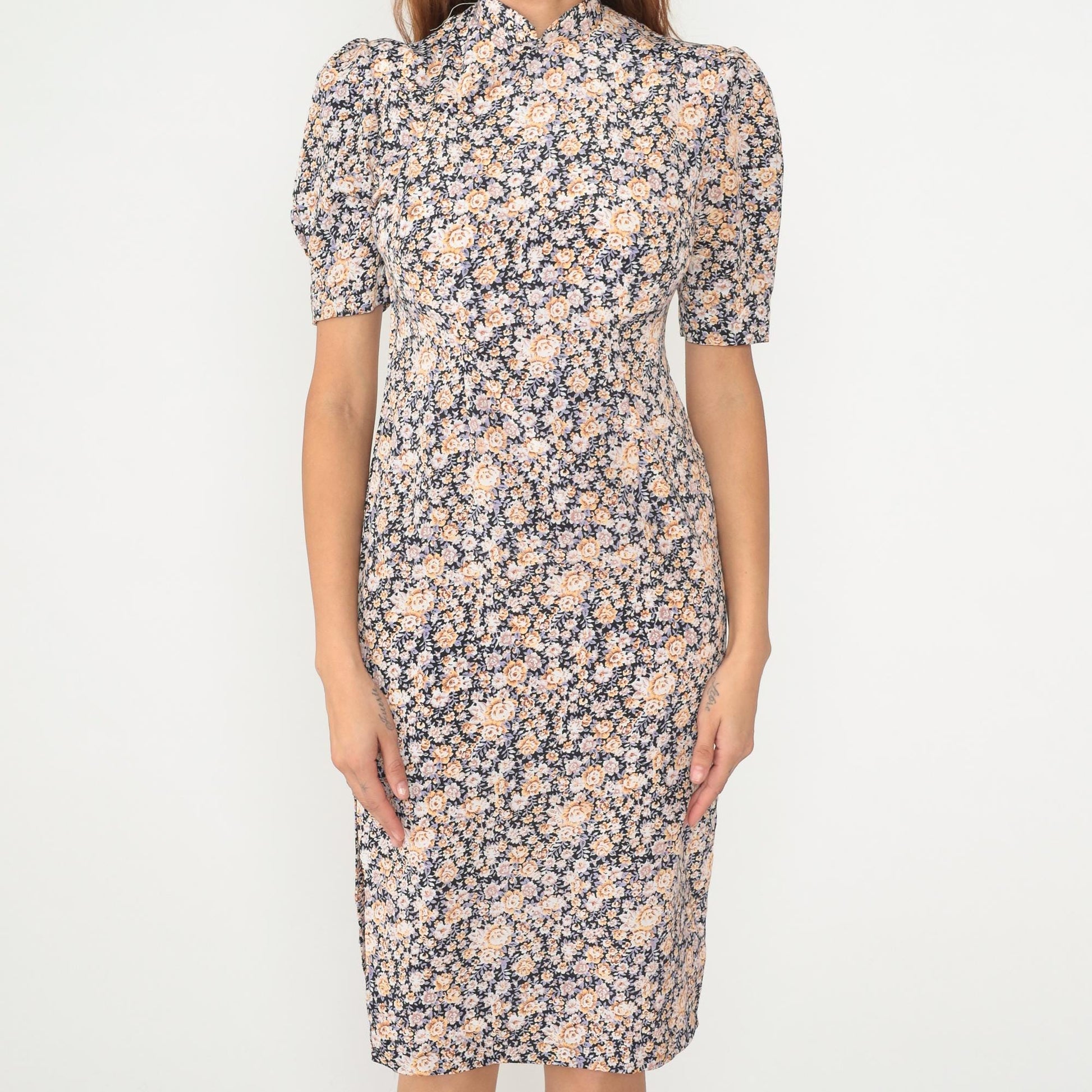90s Floral Midi Dress Mandarin Collar Puff Sleeve Navy Peach Small