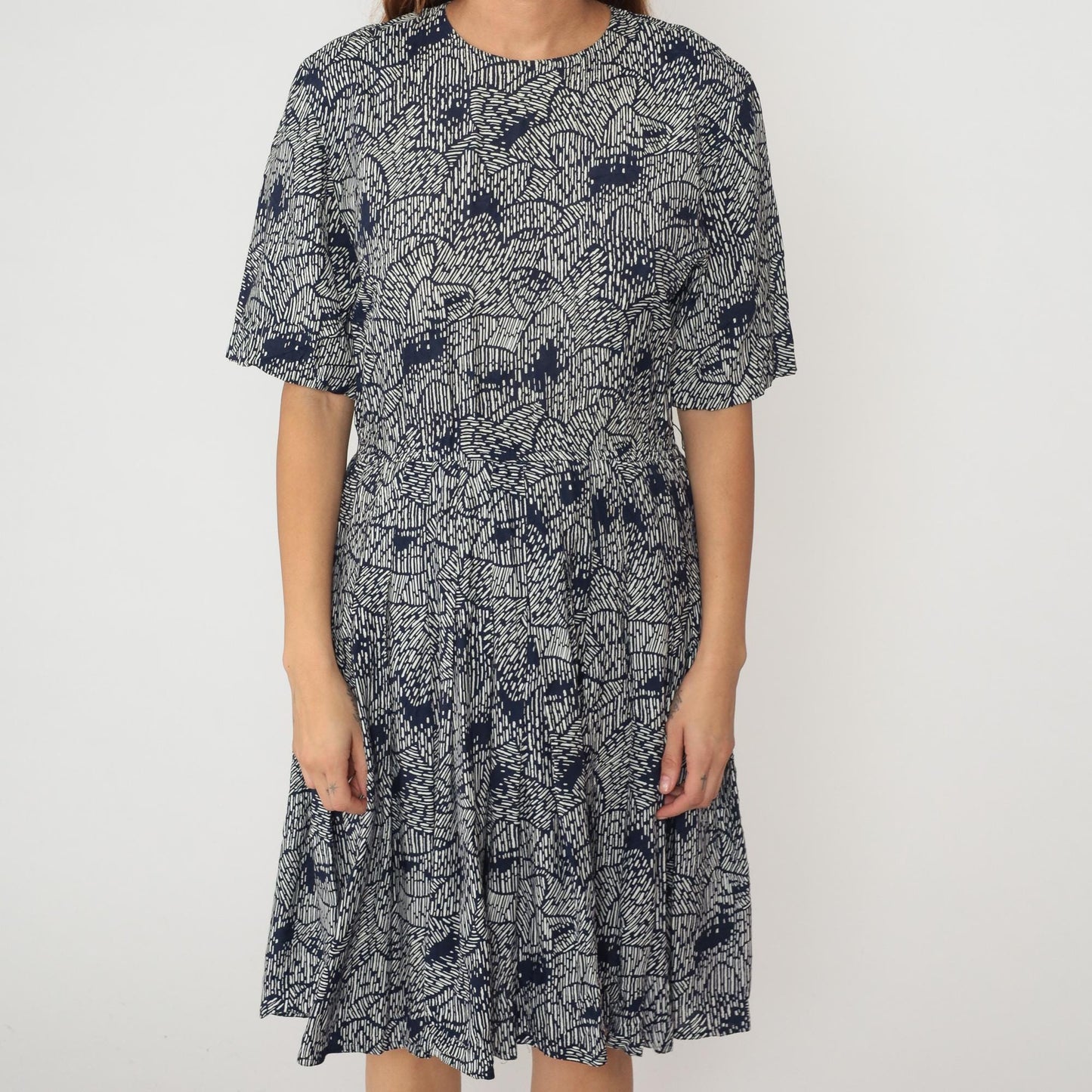80s Ms Claus Navy White Geometric Abstract Print Midi Dress Medium