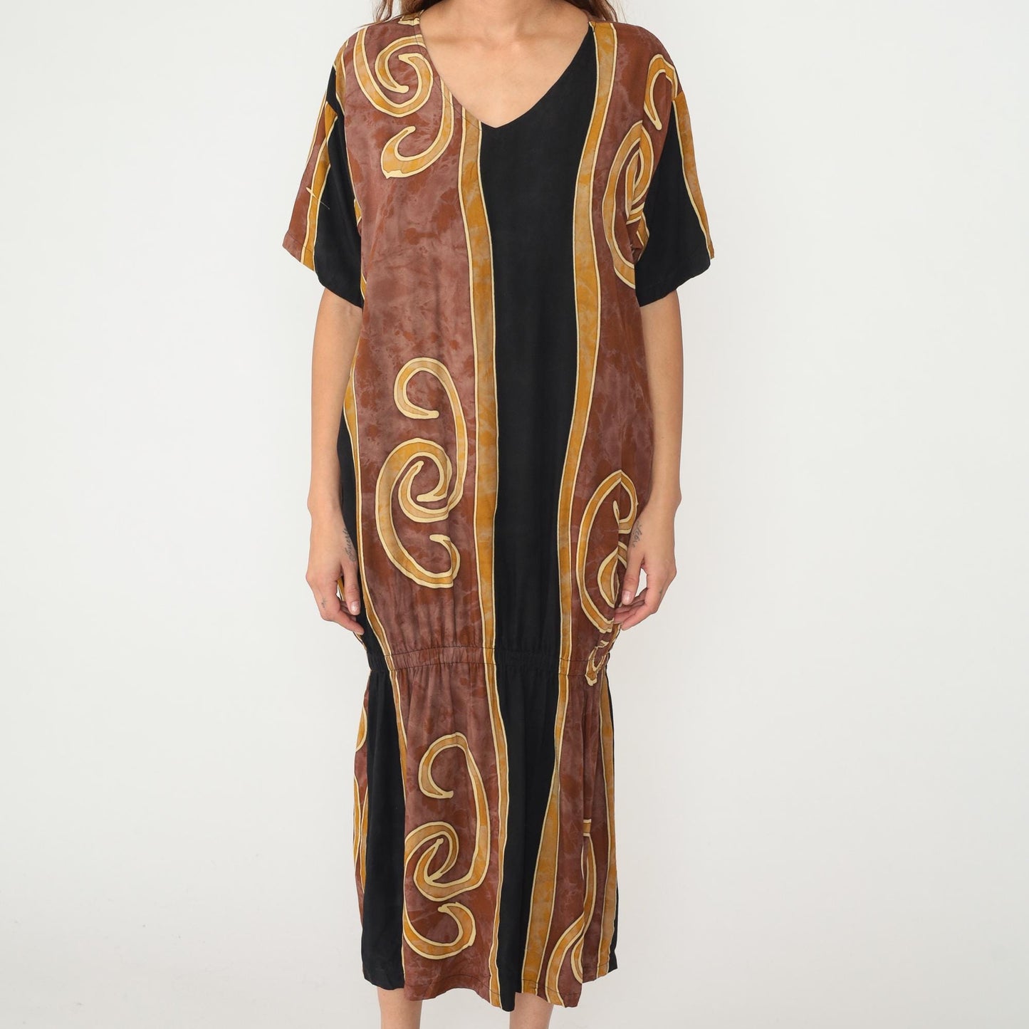 Y2K Tropical Tantrum Maxi Dress Brown Black Spiral V-Neck Flutter Sleeve Medium Large