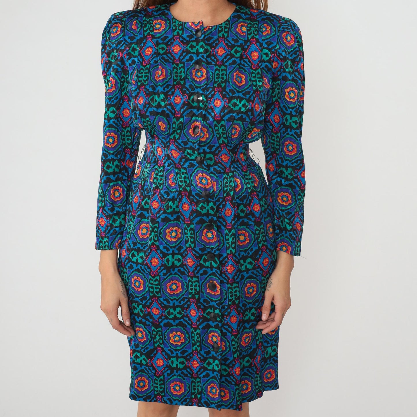 80s Papell Petites Medallion Print Dress Knee Length Geometric Small