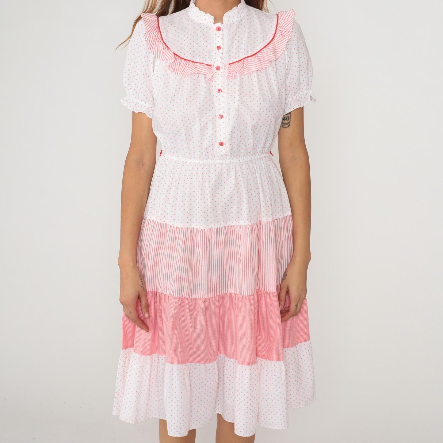 80s White Polka Dot Pink Striped Midi Dress Peter Pan Collar Puff Sleeve Medium