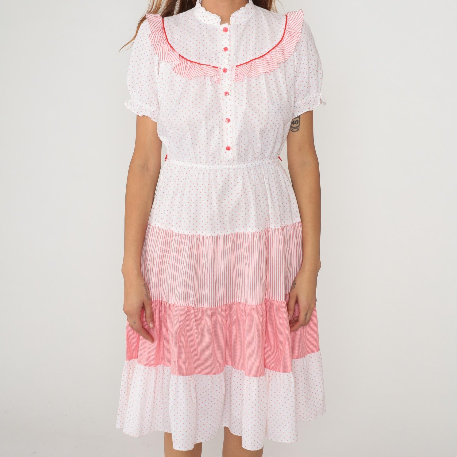80s White Polka Dot Pink Striped Midi Dress Peter Pan Collar Puff Sleeve Medium
