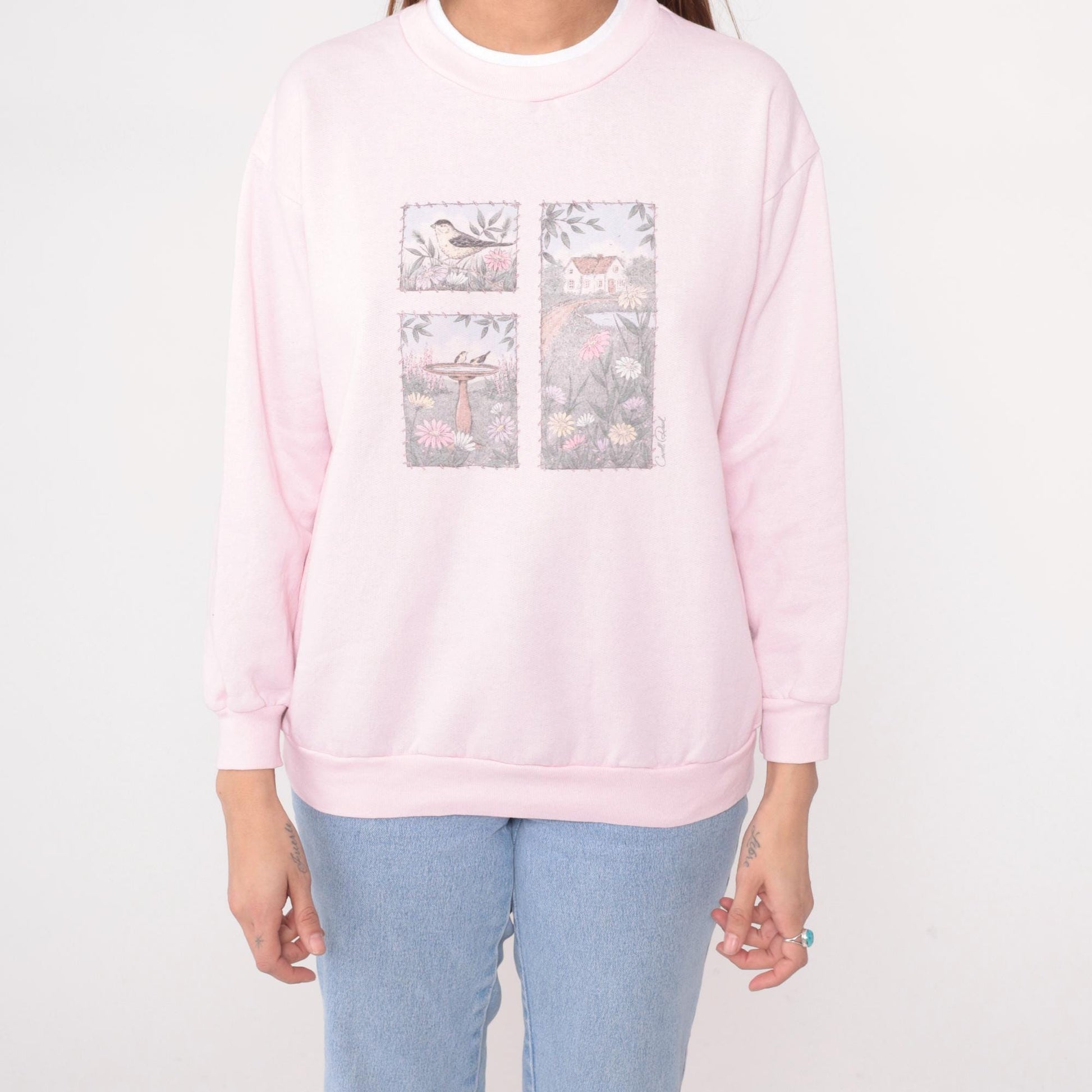 90s Caroll Reed Pink Sweatshirt Bird Garden Cottage Graphic Crew Medium M