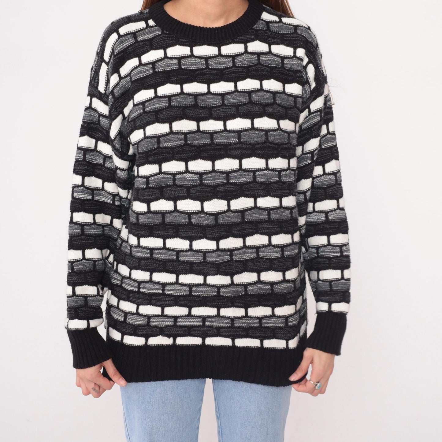 90s Checkpoint Geometric Knit Sweater Black White Grey Brick Pattern Large L