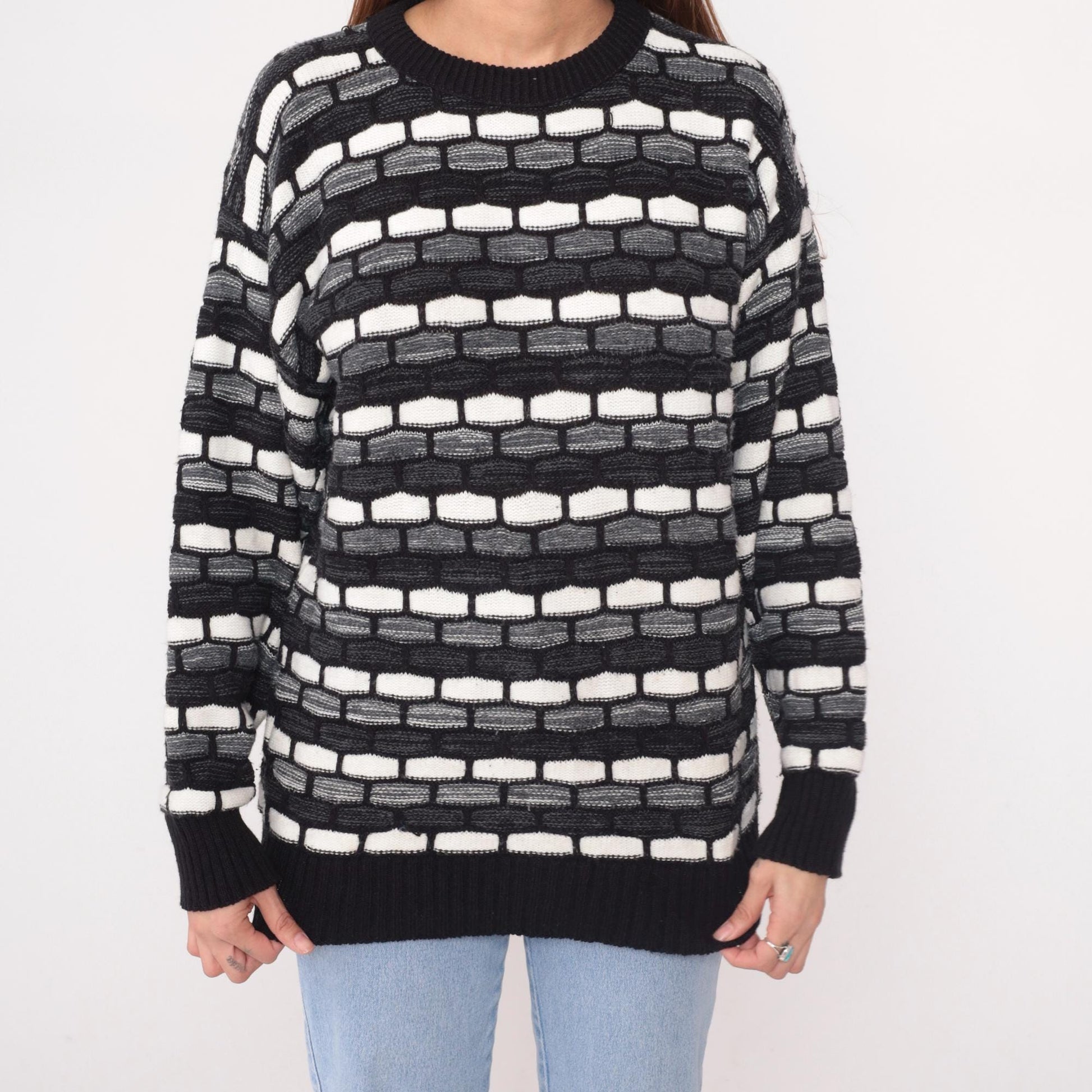 90s Checkpoint Geometric Knit Sweater Black White Grey Brick Pattern Large L