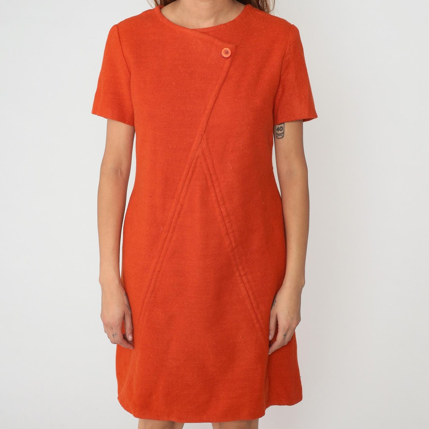 60s Orange Wool Mini Shift Dress Mod A-Line Short Sleeve Medium M