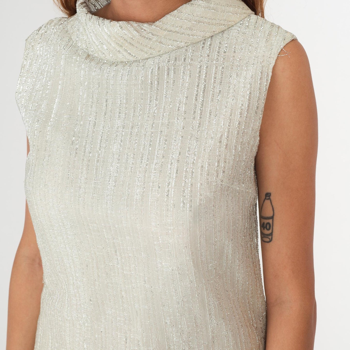 70s Fritzi of California Metallic Shift Dress Cream Collar Sleeveless Small