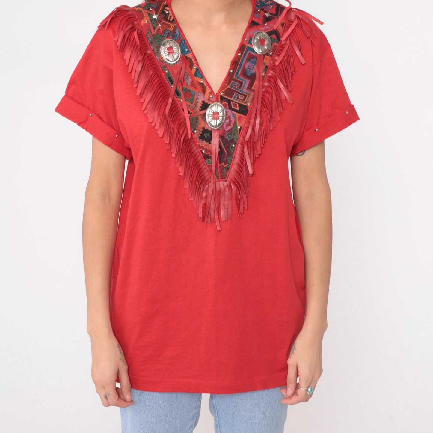 90s Joanie W. Southwestern Fringe Tunic Red Concho Embroidered V-Neck Medium