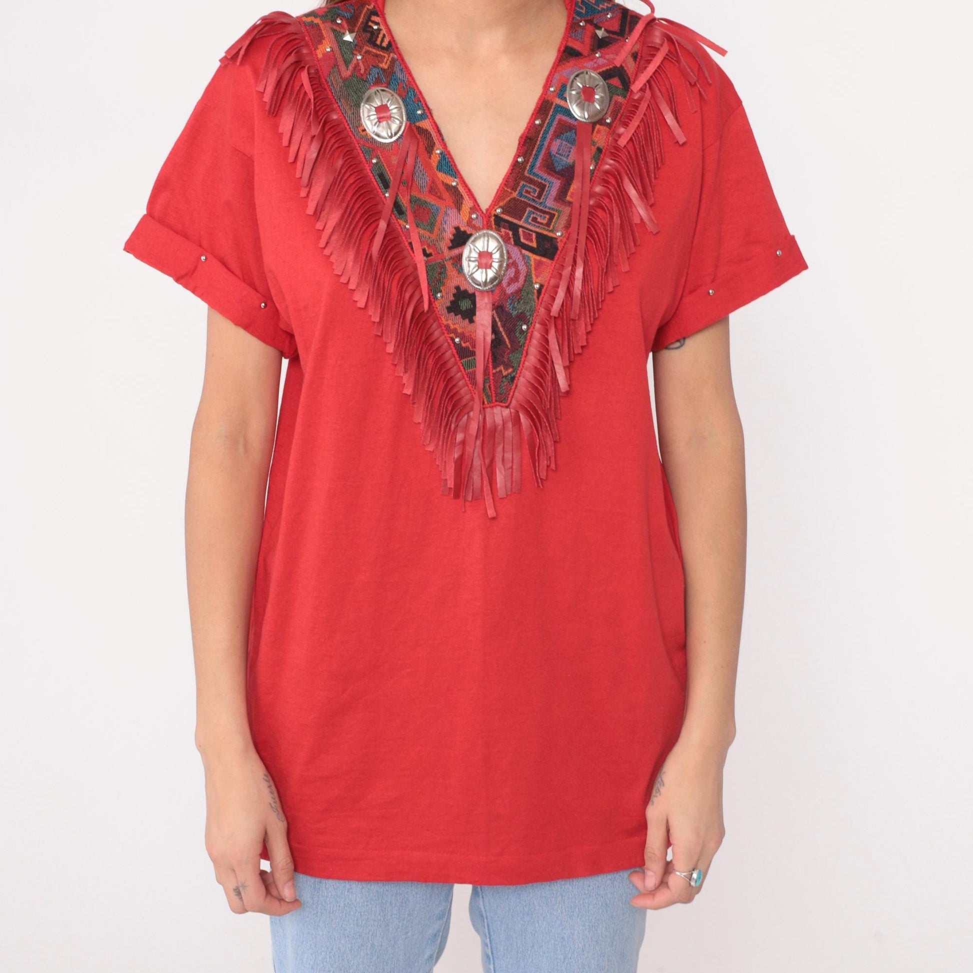 90s Joanie W. Southwestern Fringe Tunic Red Concho Embroidered V-Neck Medium