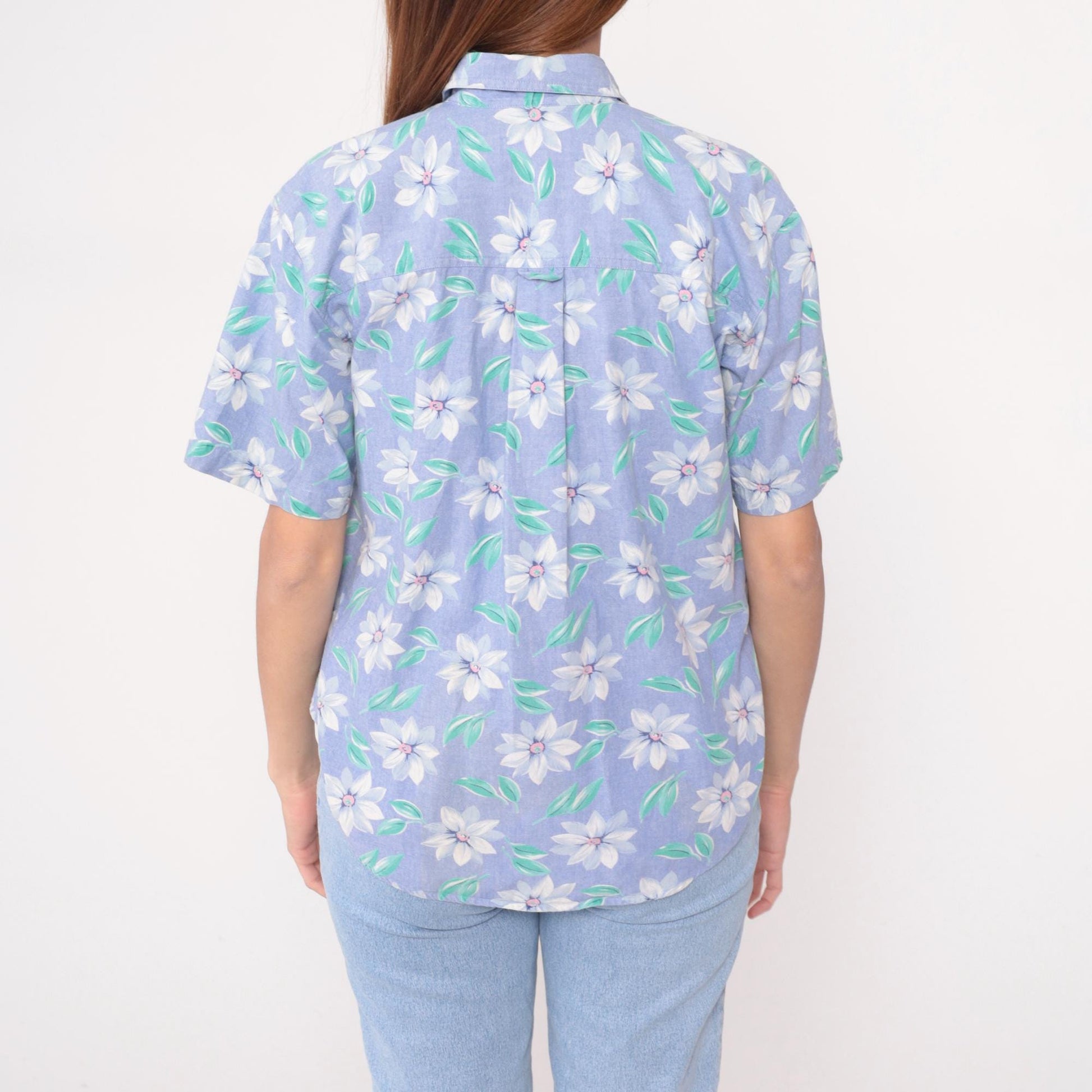 90s Picone Sport Purple Floral Cotton Blouse Short Sleeve Collared Small