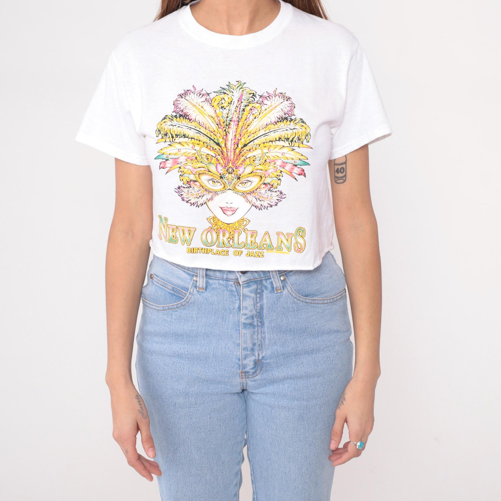 90s New Orleans Jazz Mardi Gras Crop Top White Graphic Tee Small S