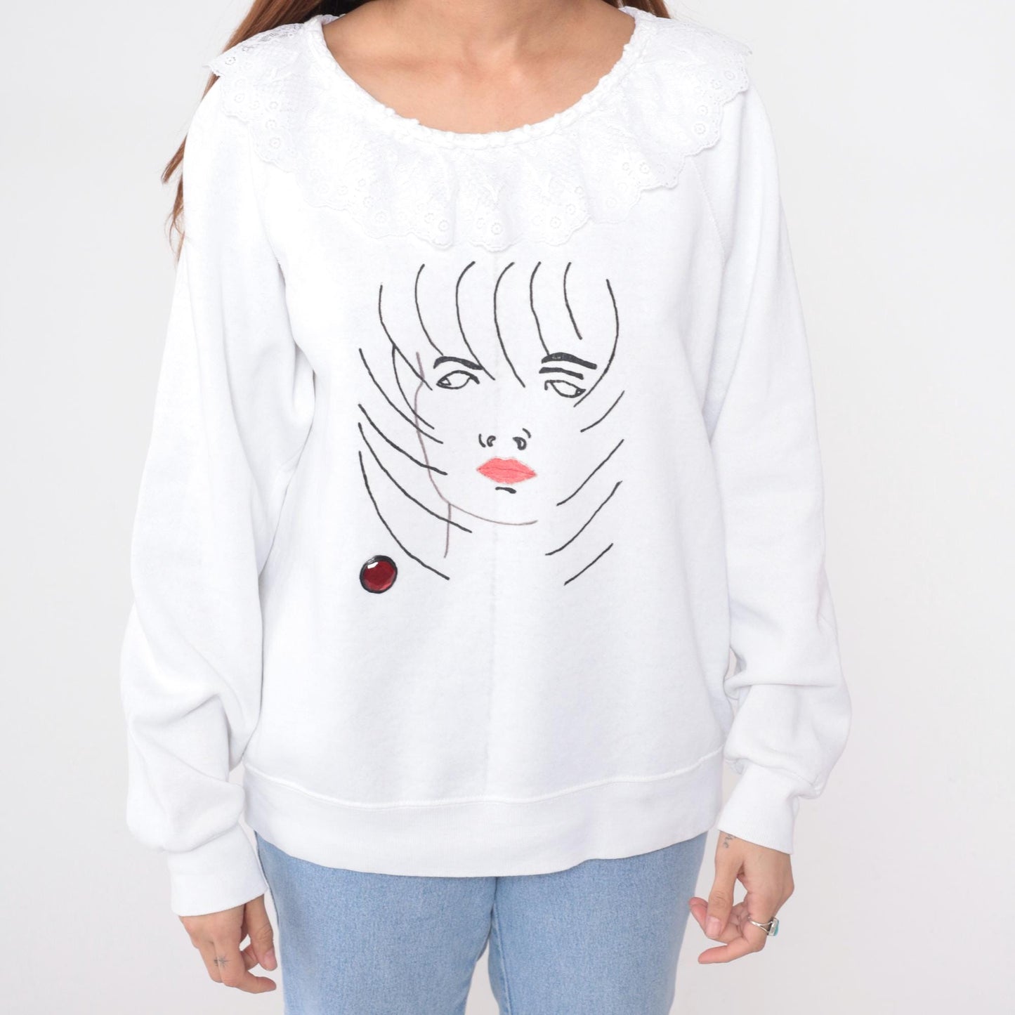 80s White Sweatshirt Embroidered Face Illustration Raglan Crew Neck Large L