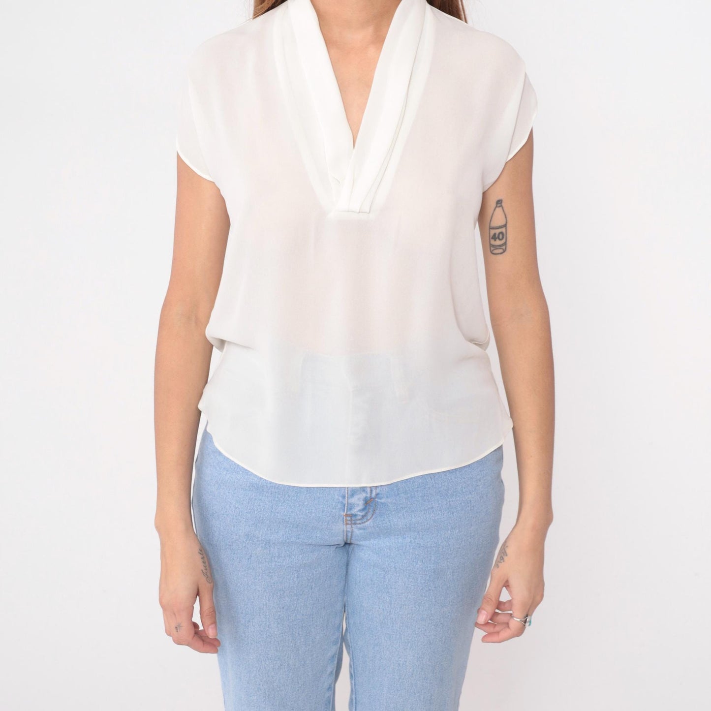 90s Oui Petites Cream Sheer Blouse V-Neck Cap Sleeve Small