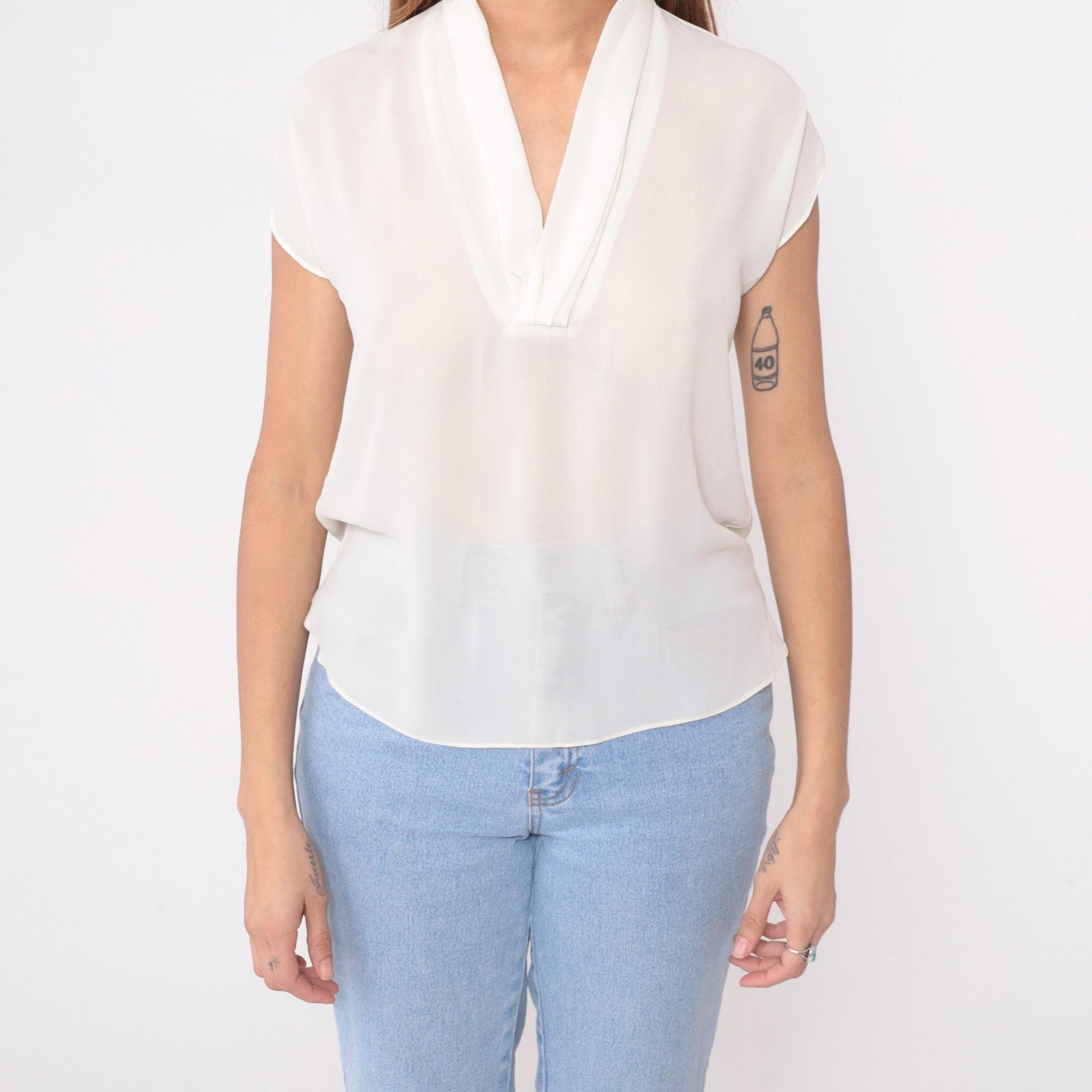 90s Oui Petites Cream Sheer Blouse V-Neck Cap Sleeve Small