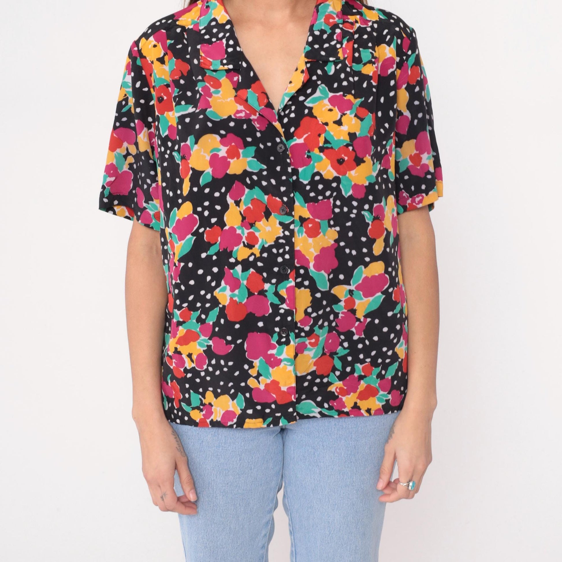 90s Impressions of California Black Floral Polka Dot Short Sleeve Blouse Large L