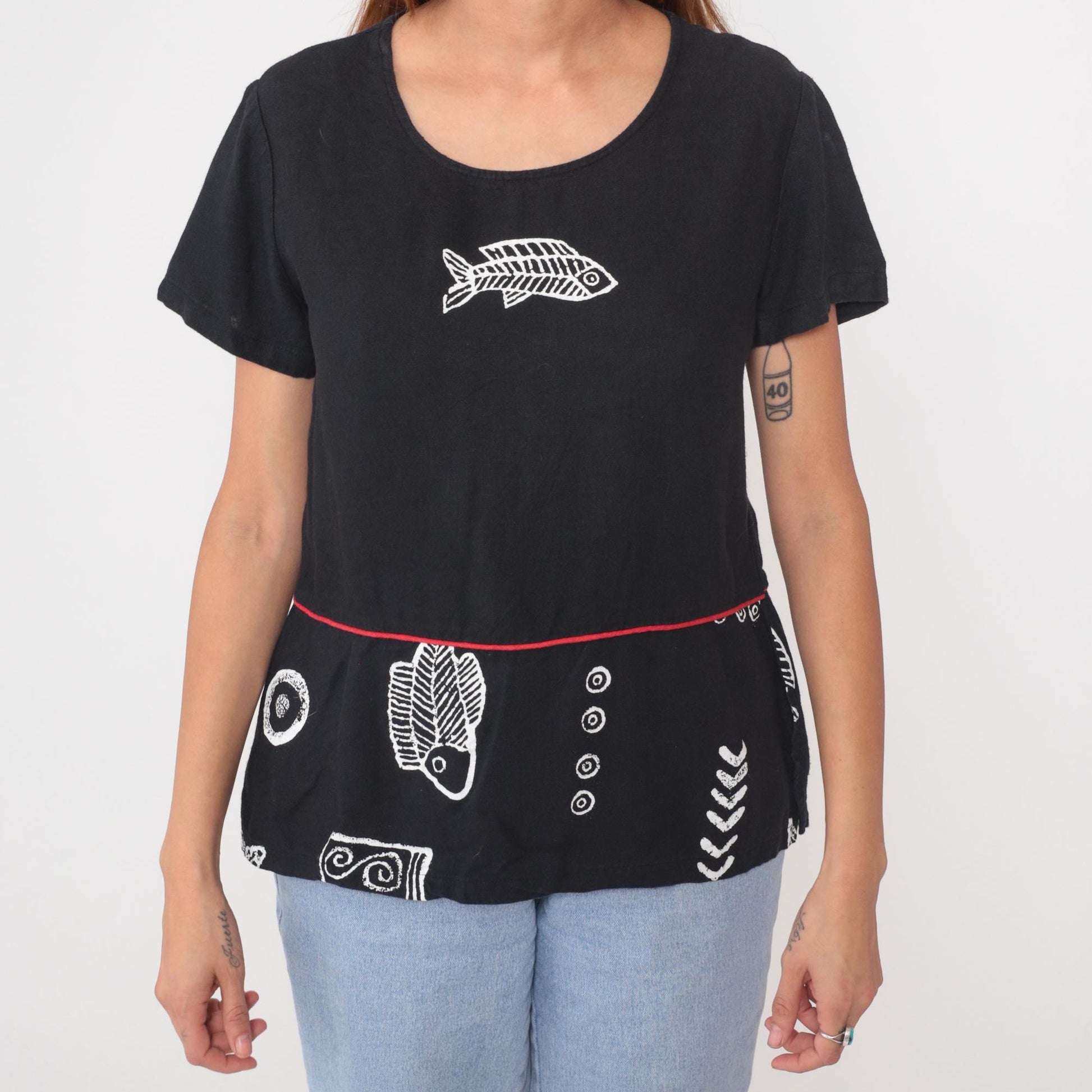 90s Sidan Black Fish Skeleton Nautical Print T-Shirt Small S