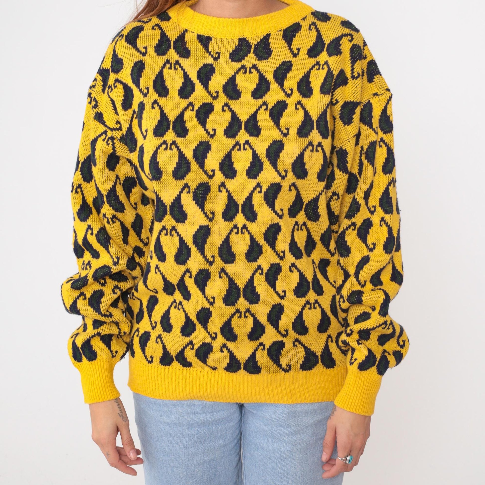 90s Yellow Black Paisley Knit Sweater Crewneck Pullover Medium M