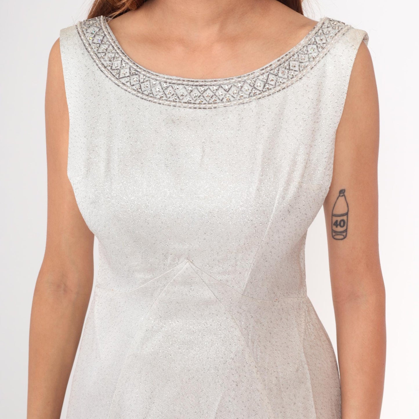 60s Jean Allen White Metallic Shift Dress Beaded Neckline Keyhole Back Medium