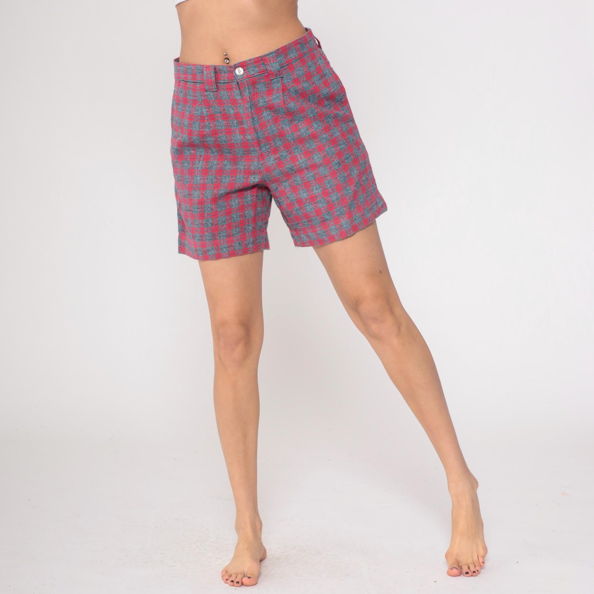 80s Pazzo Plaid High-Waisted Shorts Red Blue Button Front Medium