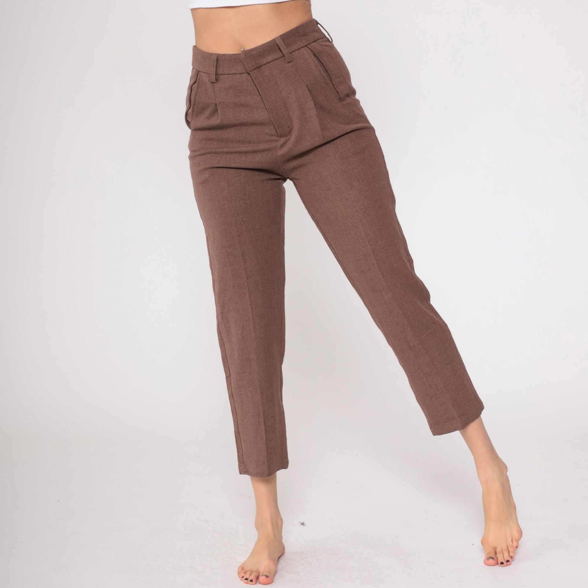 Y2K Brown Pleated Cropped Trousers Straight Leg High Waist Medium M