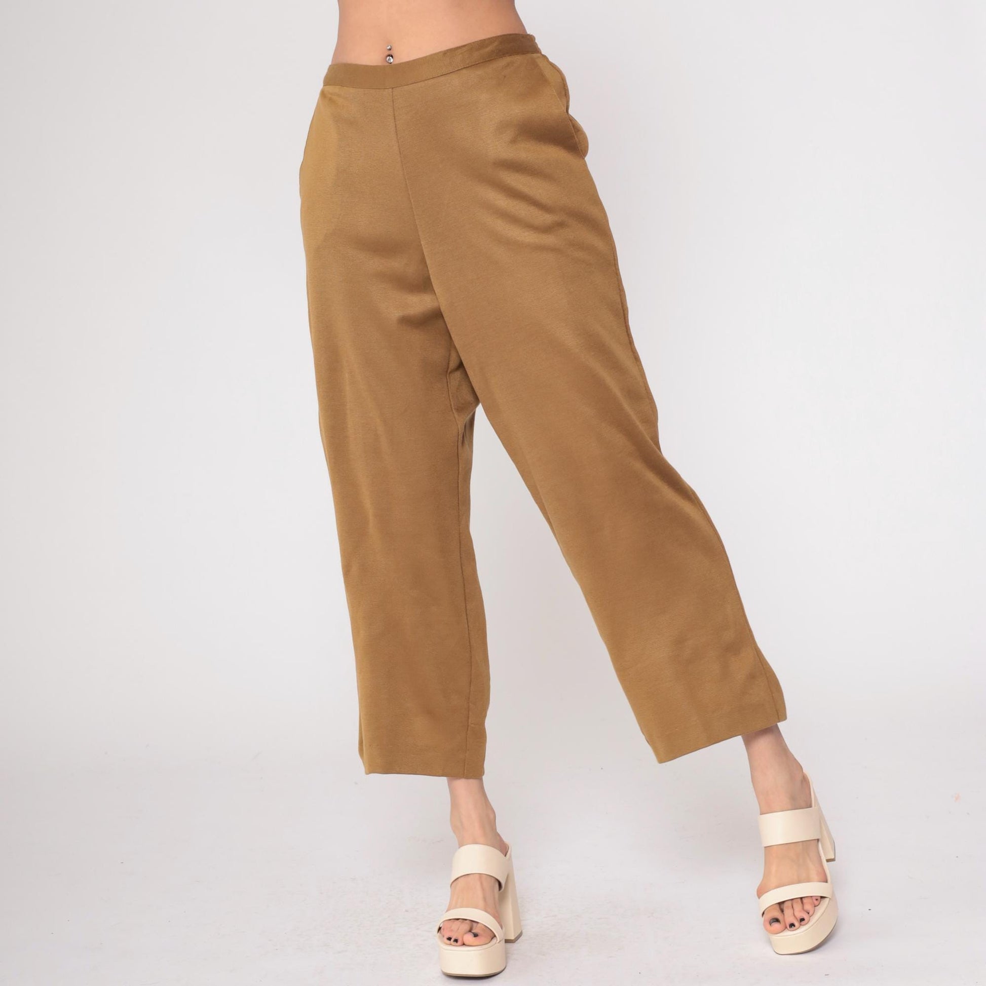 90s Alfred Dunner Tan Knit Pants Elastic Waist Cropped Ankle Large