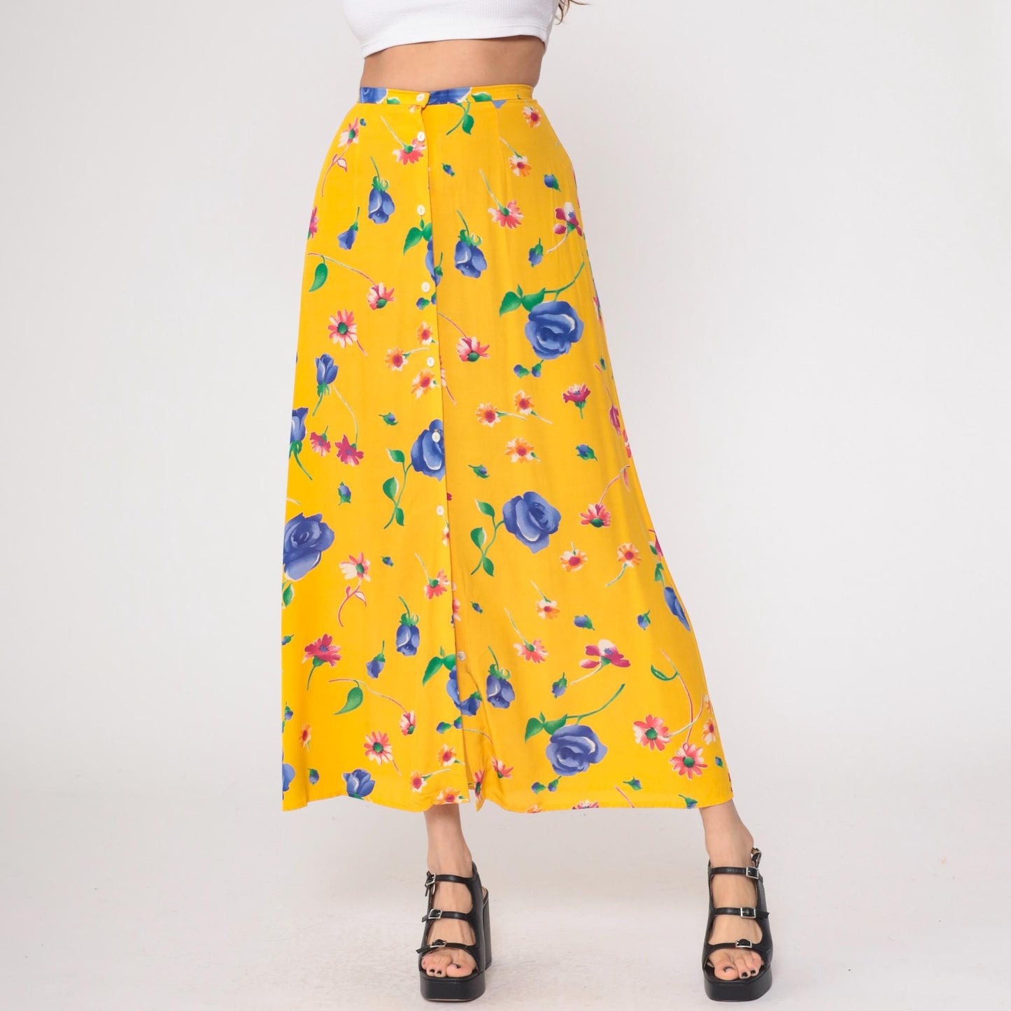 90s Breeches Yellow Floral Maxi Skirt Button Front Small
