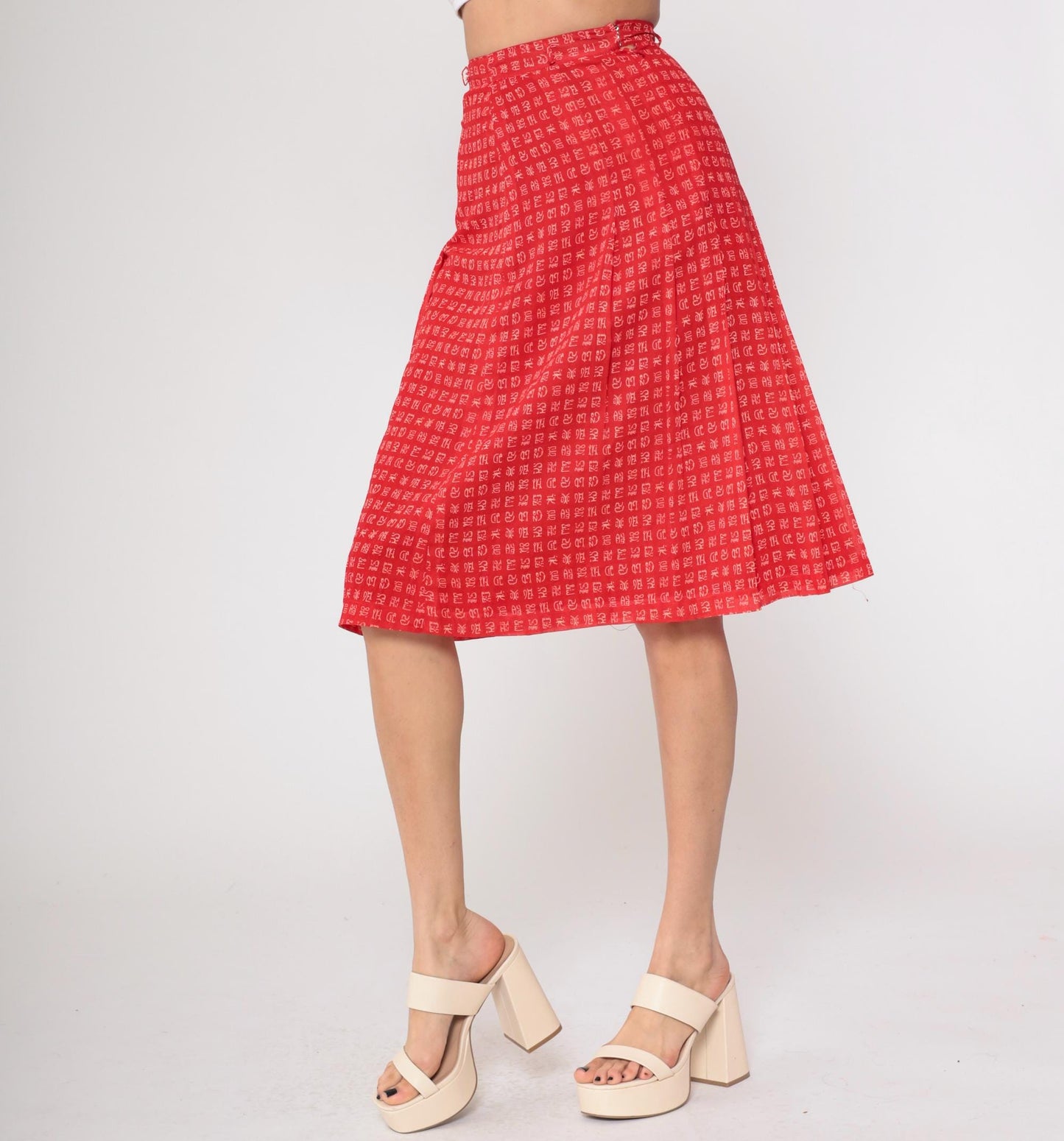 80s Red A-Line Mini Skirt Chinese Character Print High Waist Extra Small