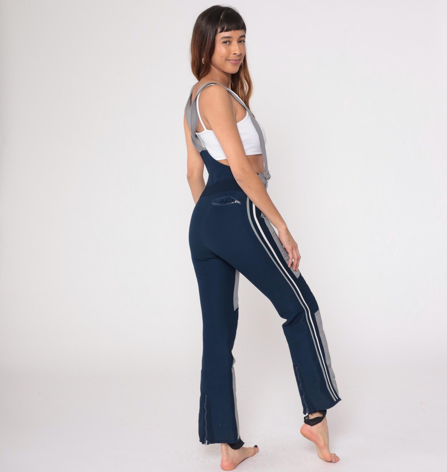 70s Obermeyer Wool Ski Bib Pants Gray Navy Colorblock High Waisted Medium