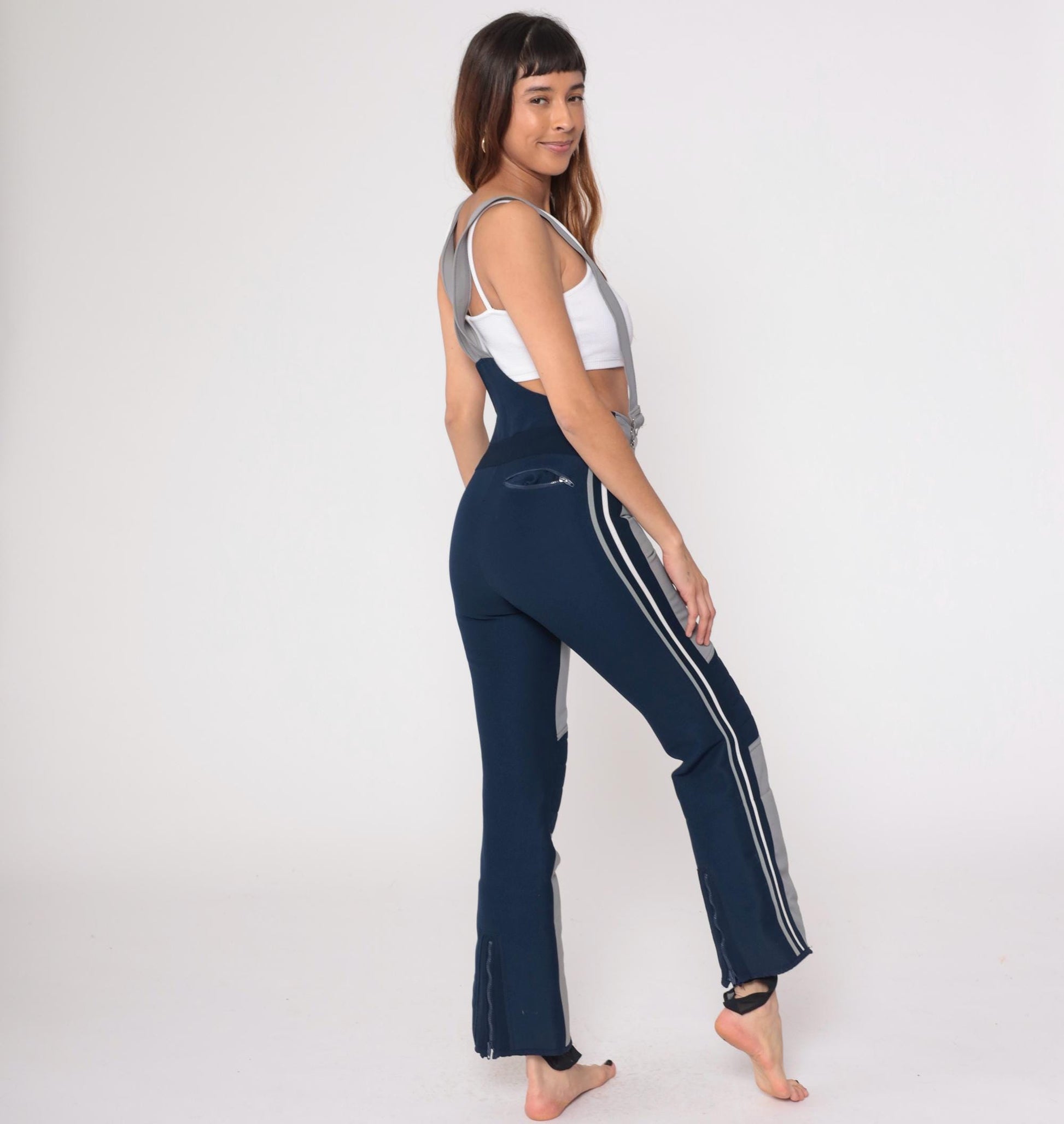 70s Obermeyer Wool Ski Bib Pants Gray Navy Colorblock High Waisted Medium