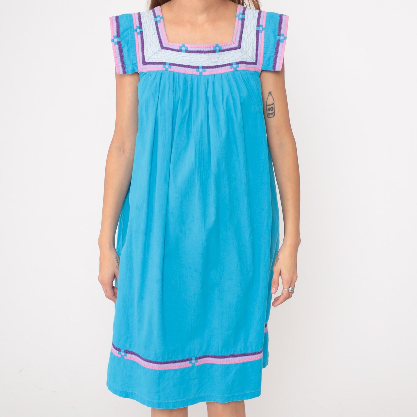 80s Turquoise Terry Cloth Dress Empire Waist Geometric Trim Cotton Large
