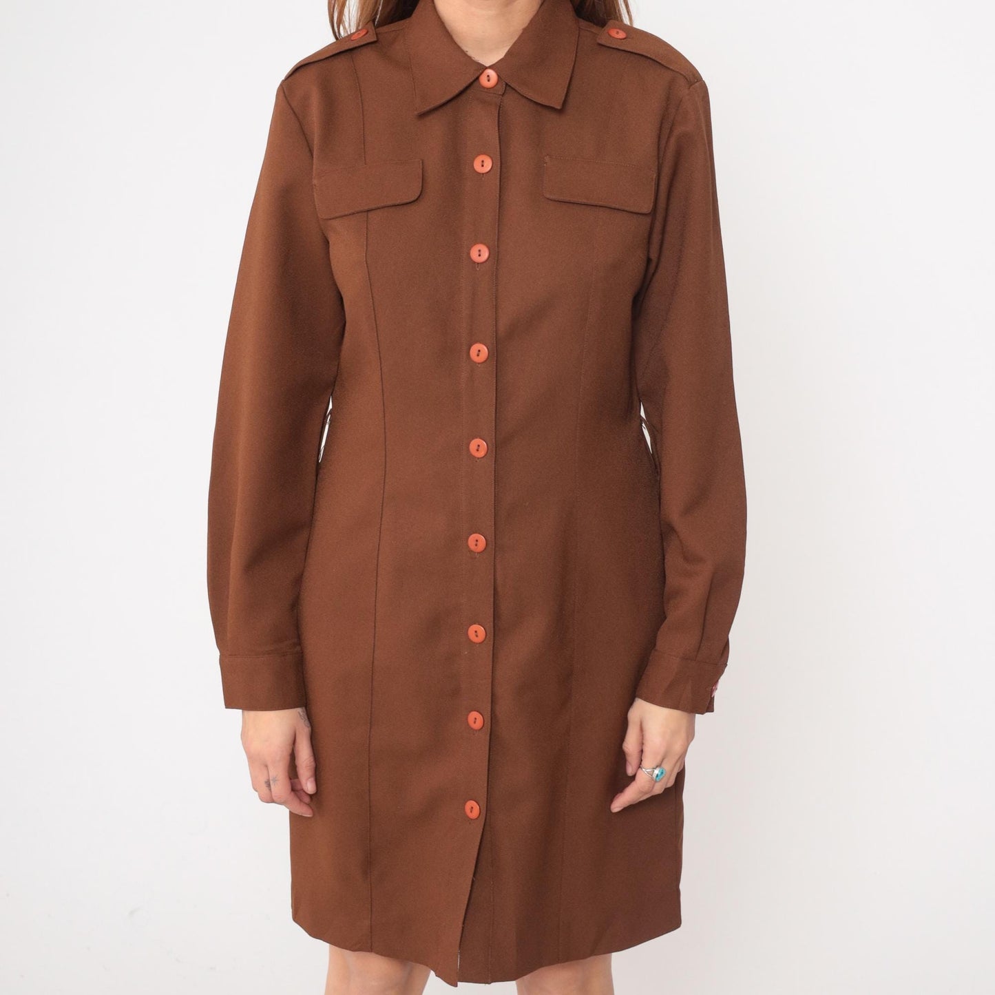 80s JRT Brown Shirt Dress Knee Length Collar Pockets Medium