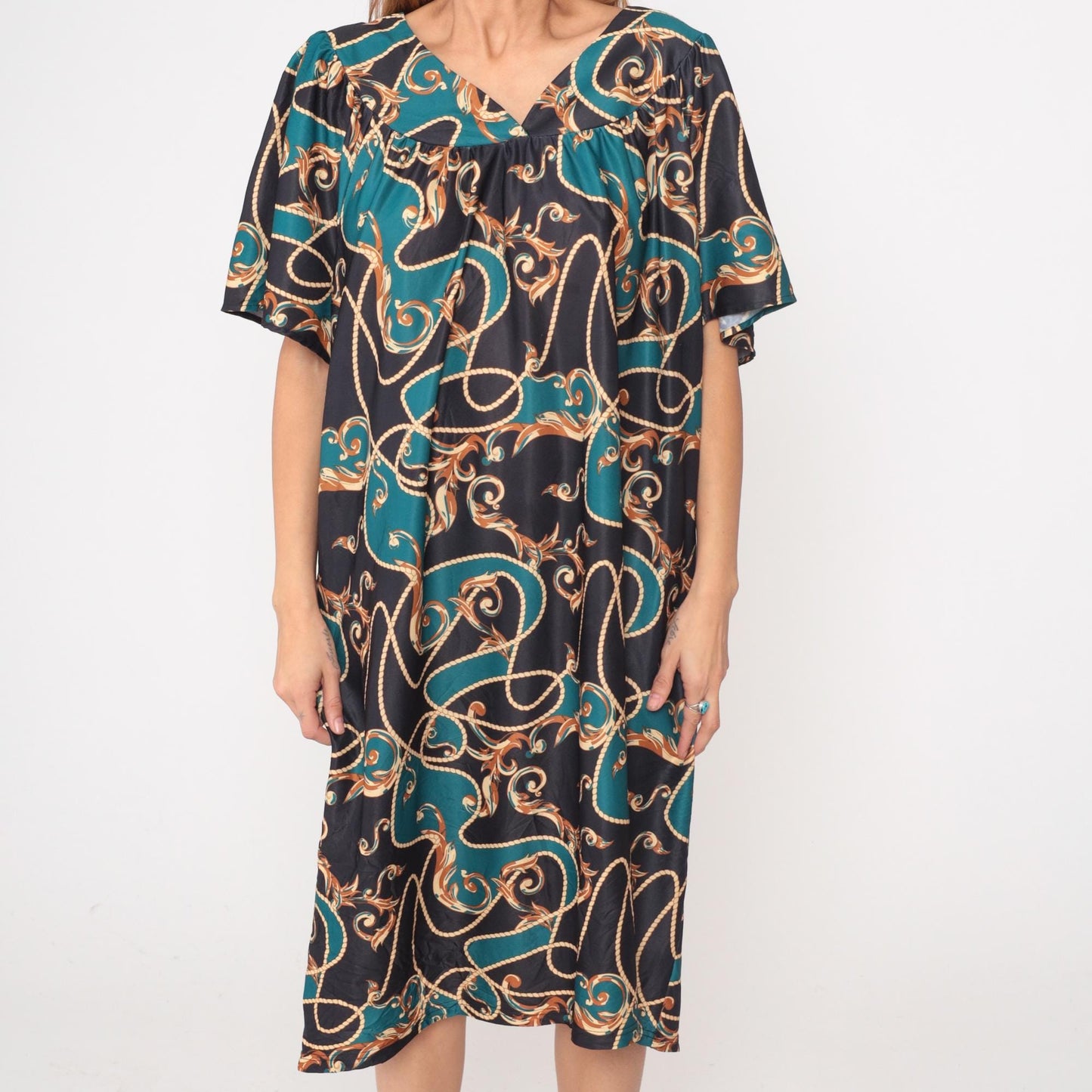 Y2K Anthony Richards Paisley Scroll Dress Teal Black Kimono Sleeve Plus Size XXL