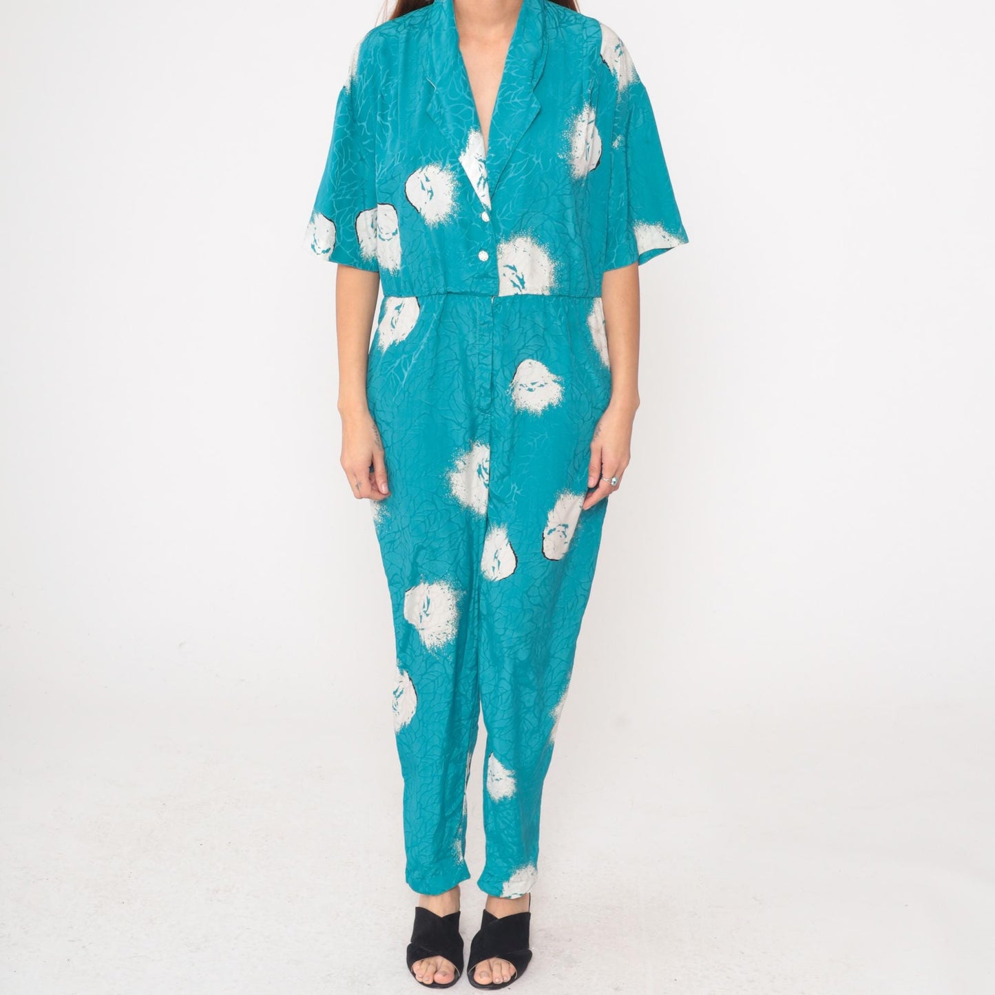 80s Turquoise Jumpsuit Floral Print Button Front Notched Collar Medium M