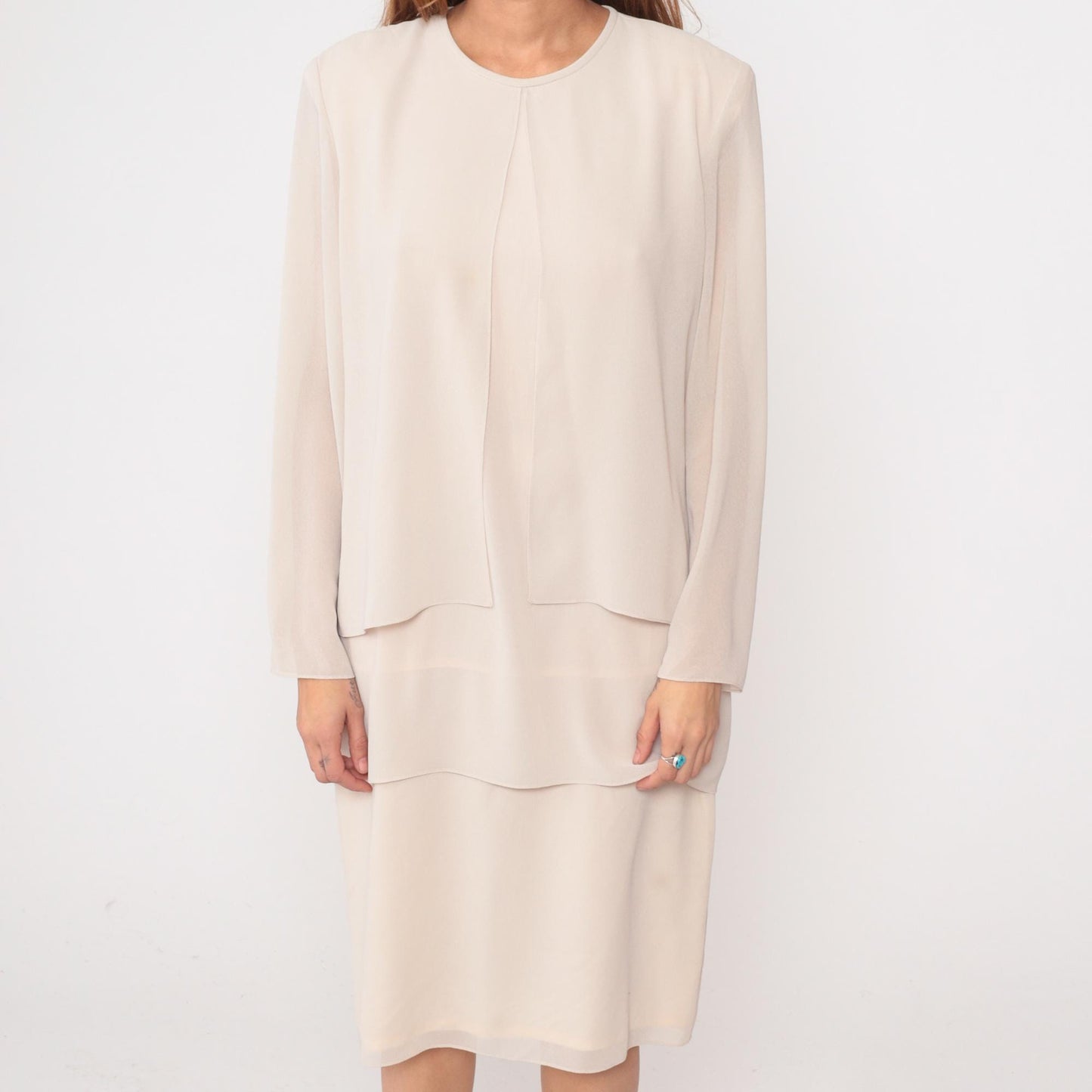 90s After Dark Cream Layered Dress Long Sleeve Round Neck Large L