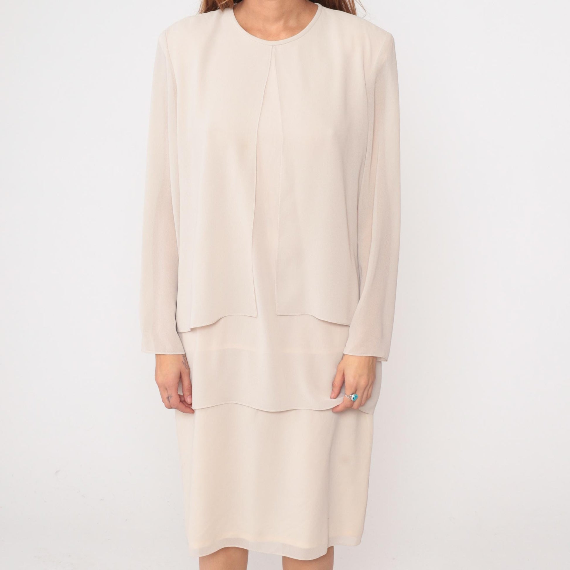 90s After Dark Cream Layered Dress Long Sleeve Round Neck Large L