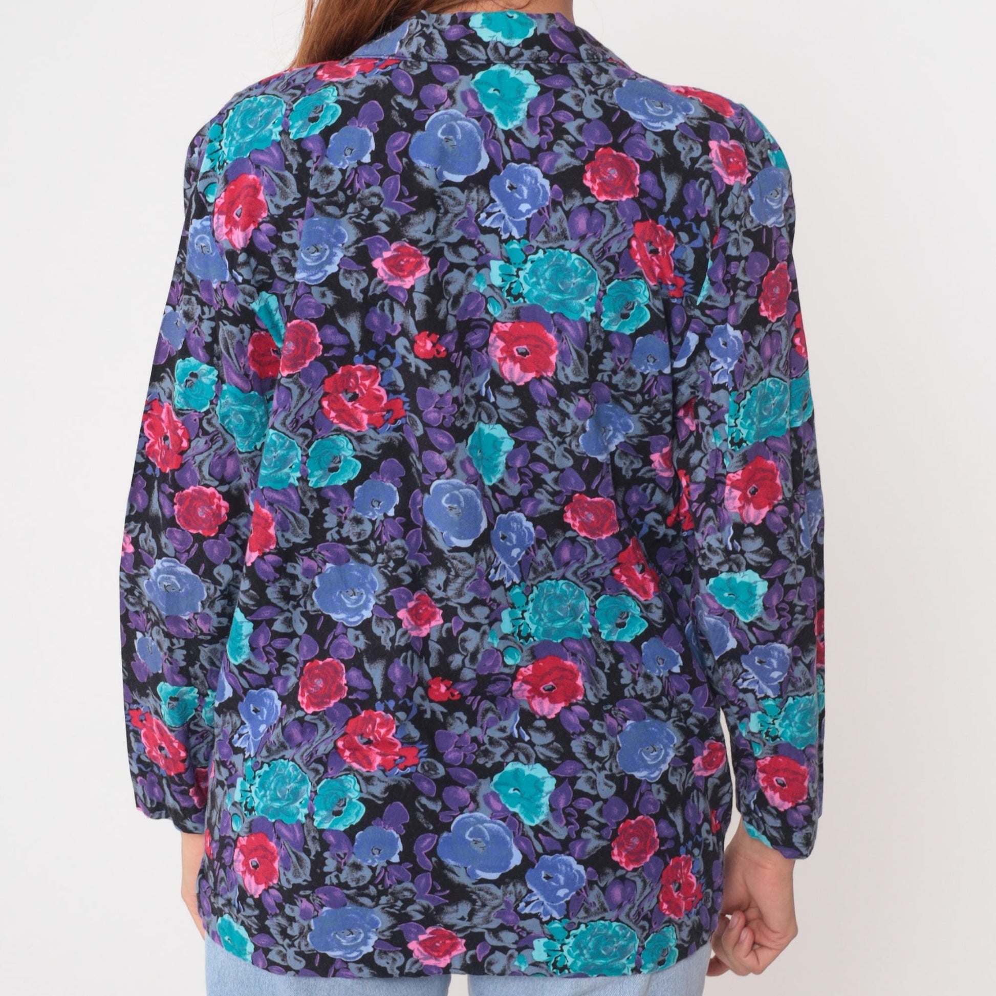 90s Floral Blazer Single Button Notched Lapel Long Sleeve Black Multi Medium M