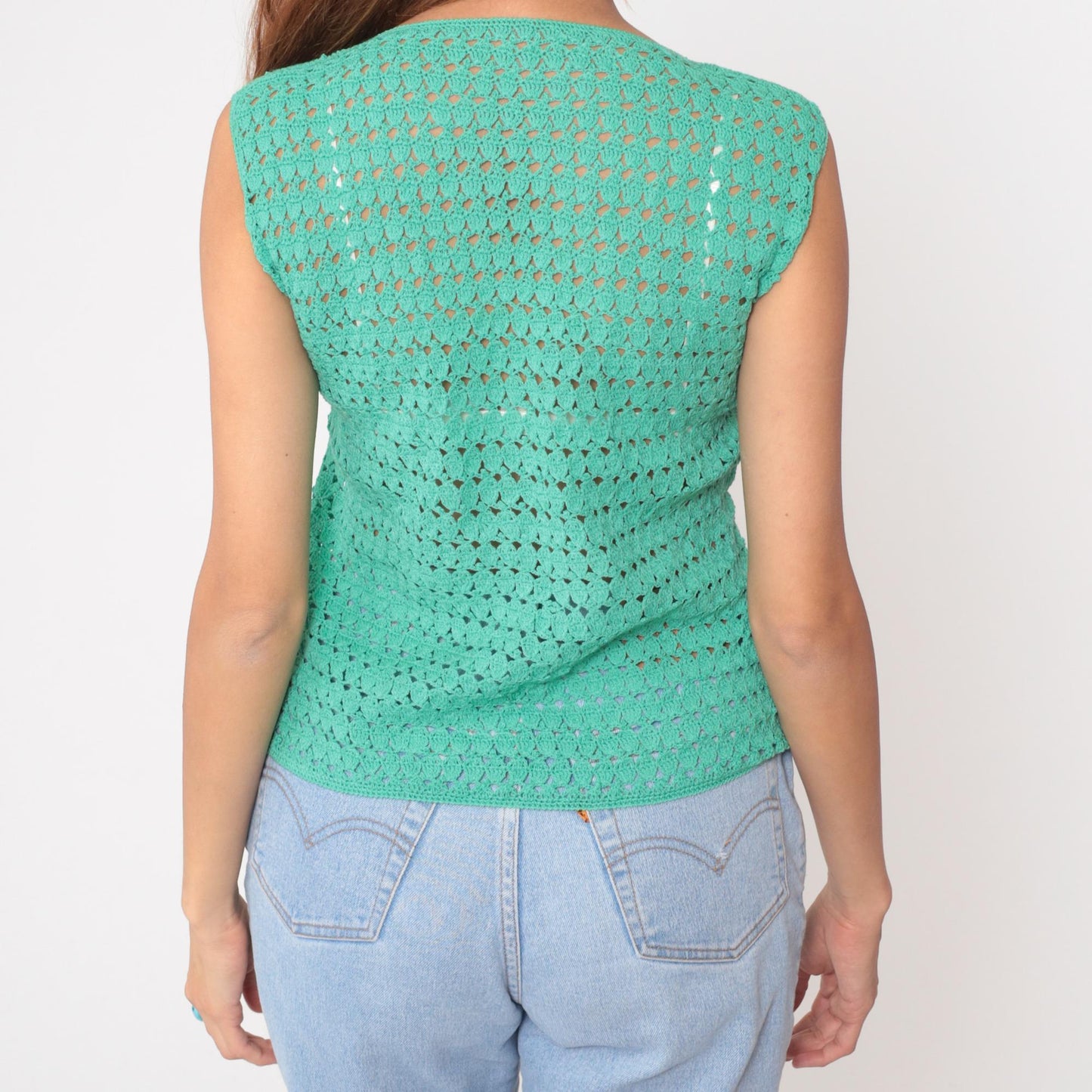 70s Turquoise Crochet Knit Sleeveless Tank Top Open Stitch Small