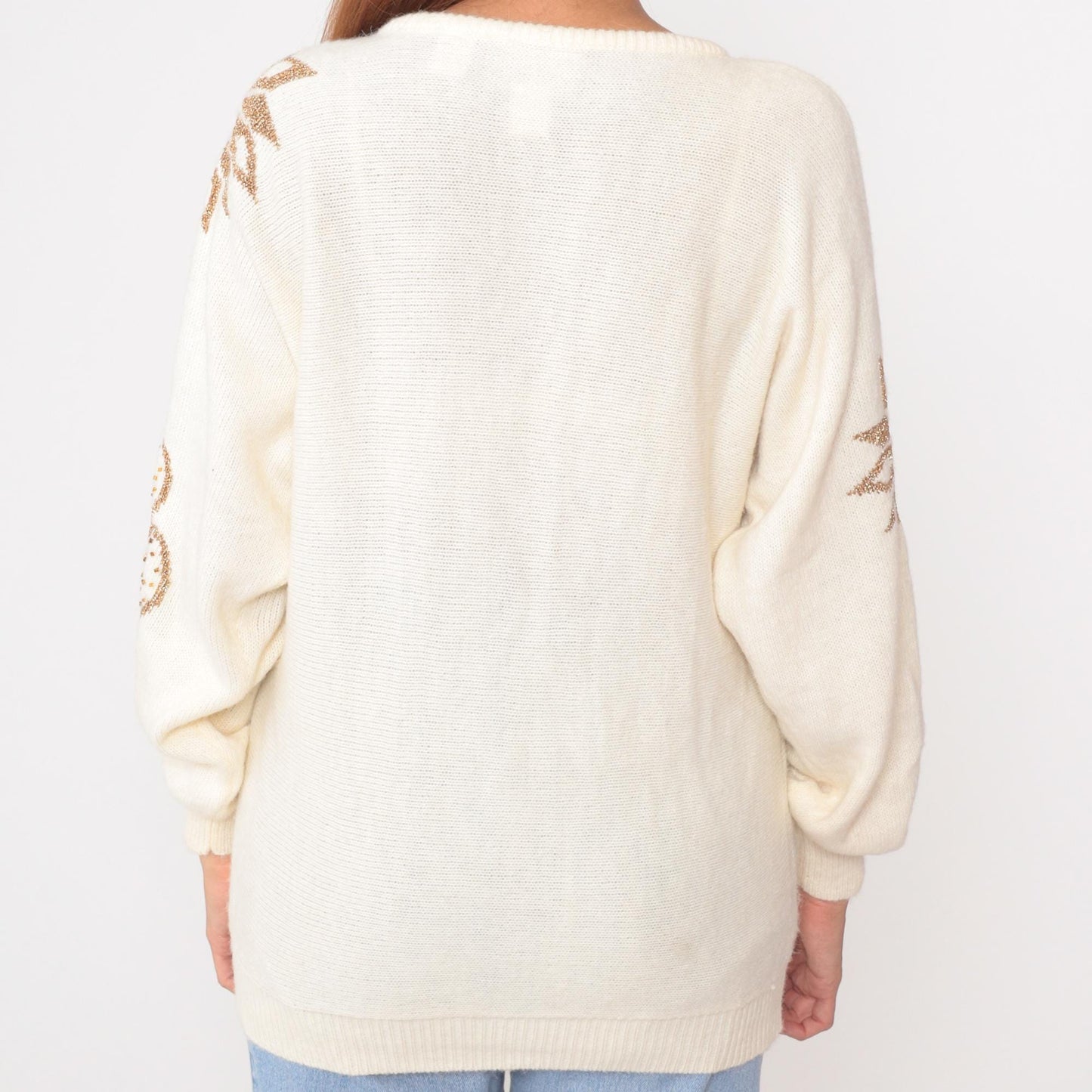 80s Nilani Cream Beaded Sweater Gold Floral Sequin Pullover Medium M