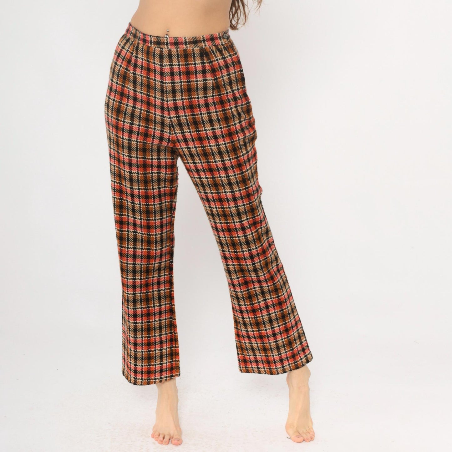 70s Plaid Wide Leg Trousers High Waisted Orange Brown Black Houndstooth Small