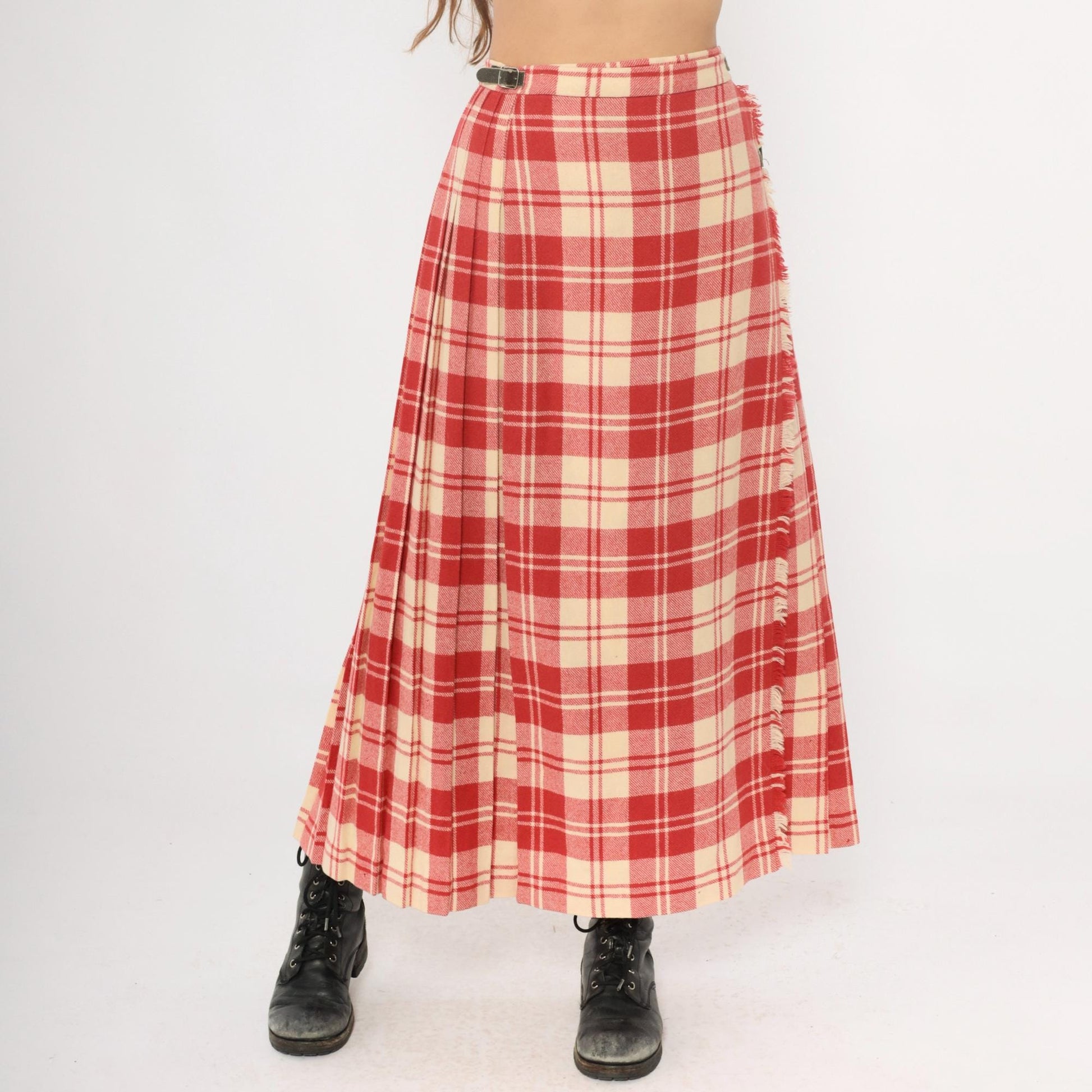 70s Laird Portch Tartan Wool Kilt Skirt Red Cream Pleated Wrap Small Medium