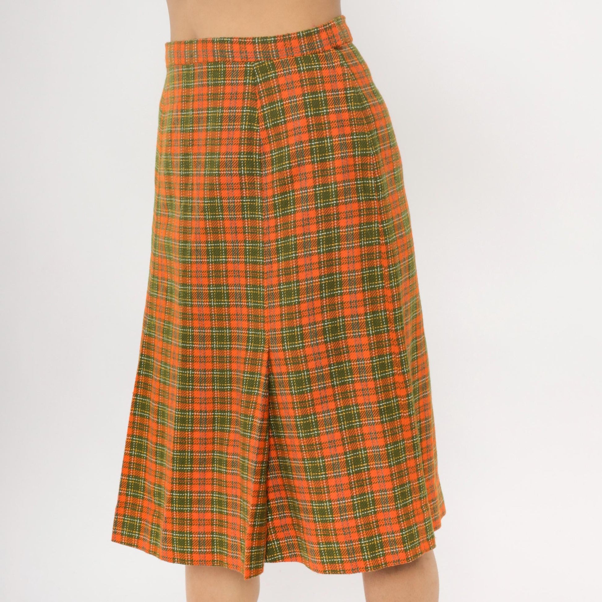 70s Orange Green Plaid A-Line Skirt Knee Length Wrap Small