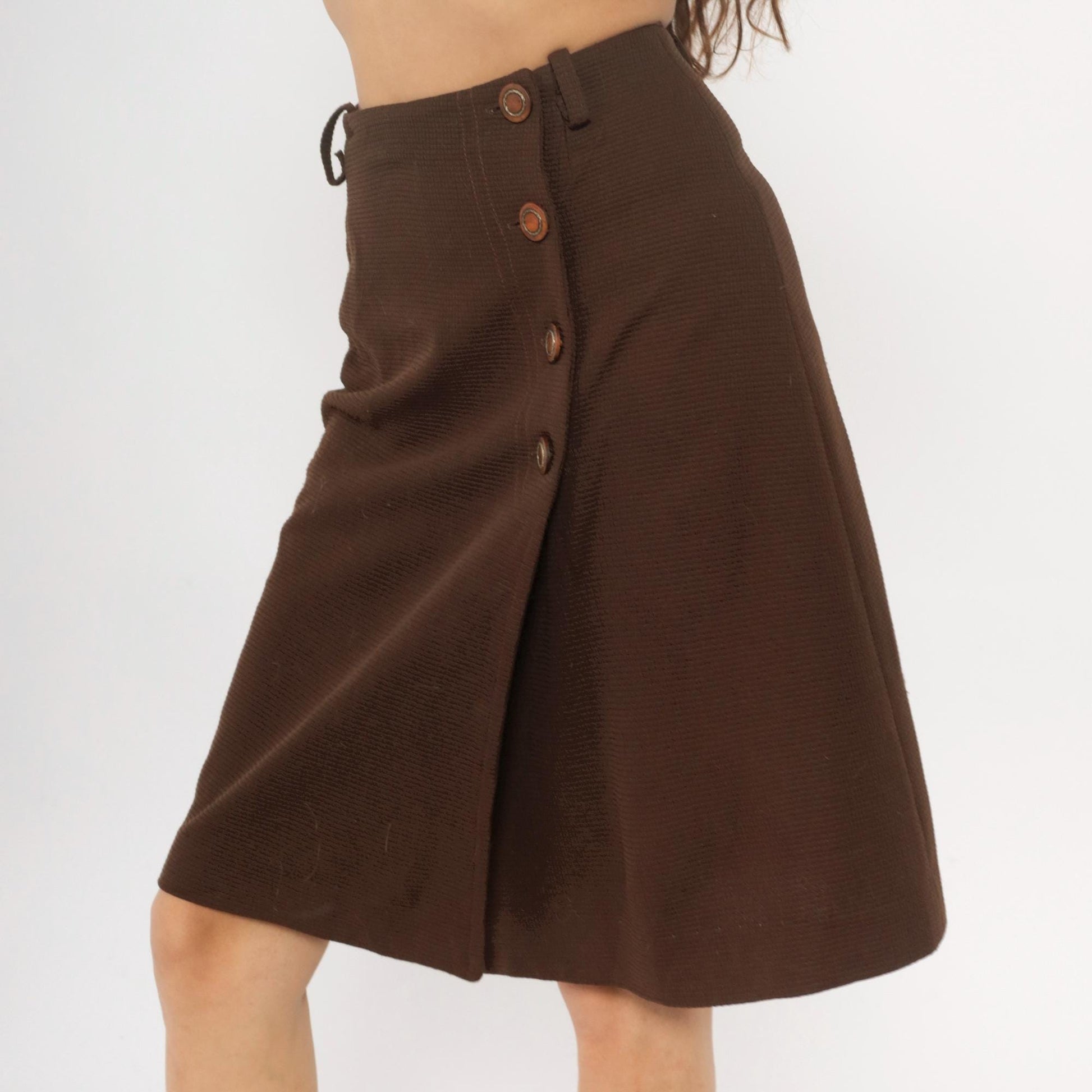 70s Brown Polyester A-Line Skirt Side Button Closure Small S