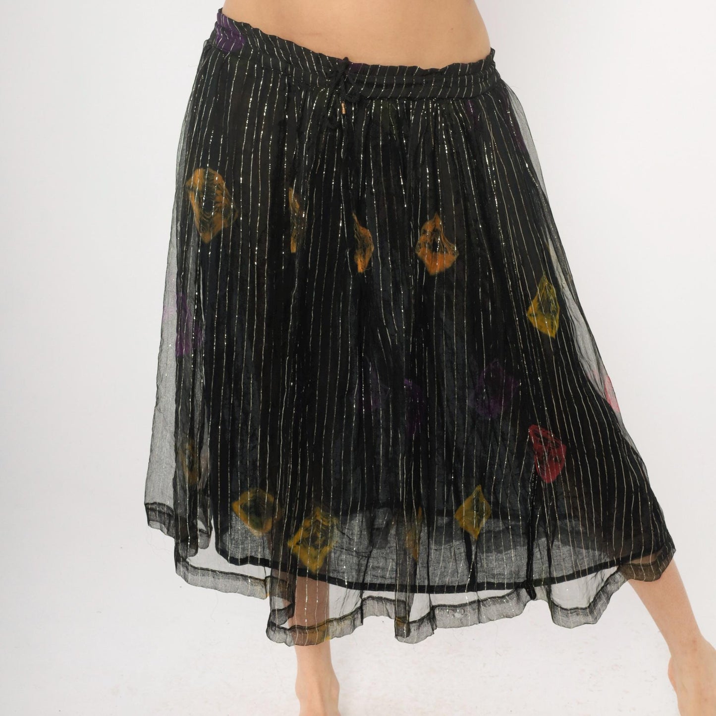 90s Black Floral Midi Skirt Metallic Pinstripe Sheer Overlay Medium