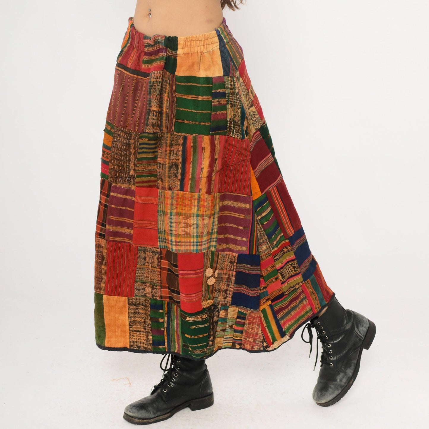 90s Patchwork A-Line Skirt Multicolor Ethnic Striped Cotton Ankle Length Medium
